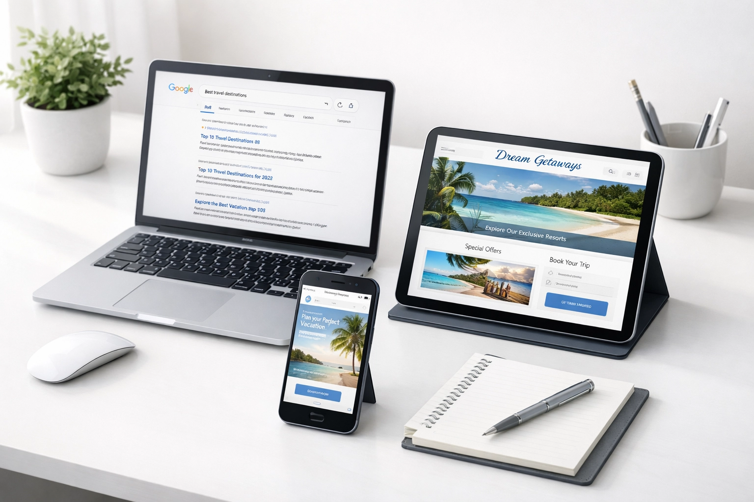 Multiple devices displaying patient journey across marketing channels for addiction treatment centers