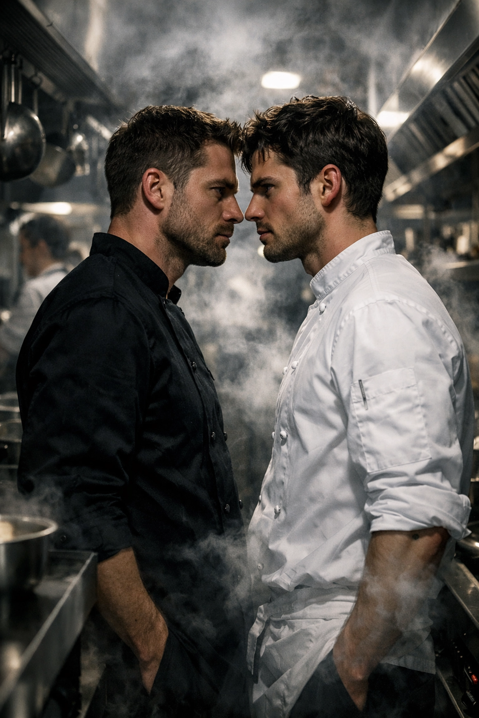 Two male chefs in an intense enemies-to-lovers moment inside a modern Lyonnaise restaurant kitchen.