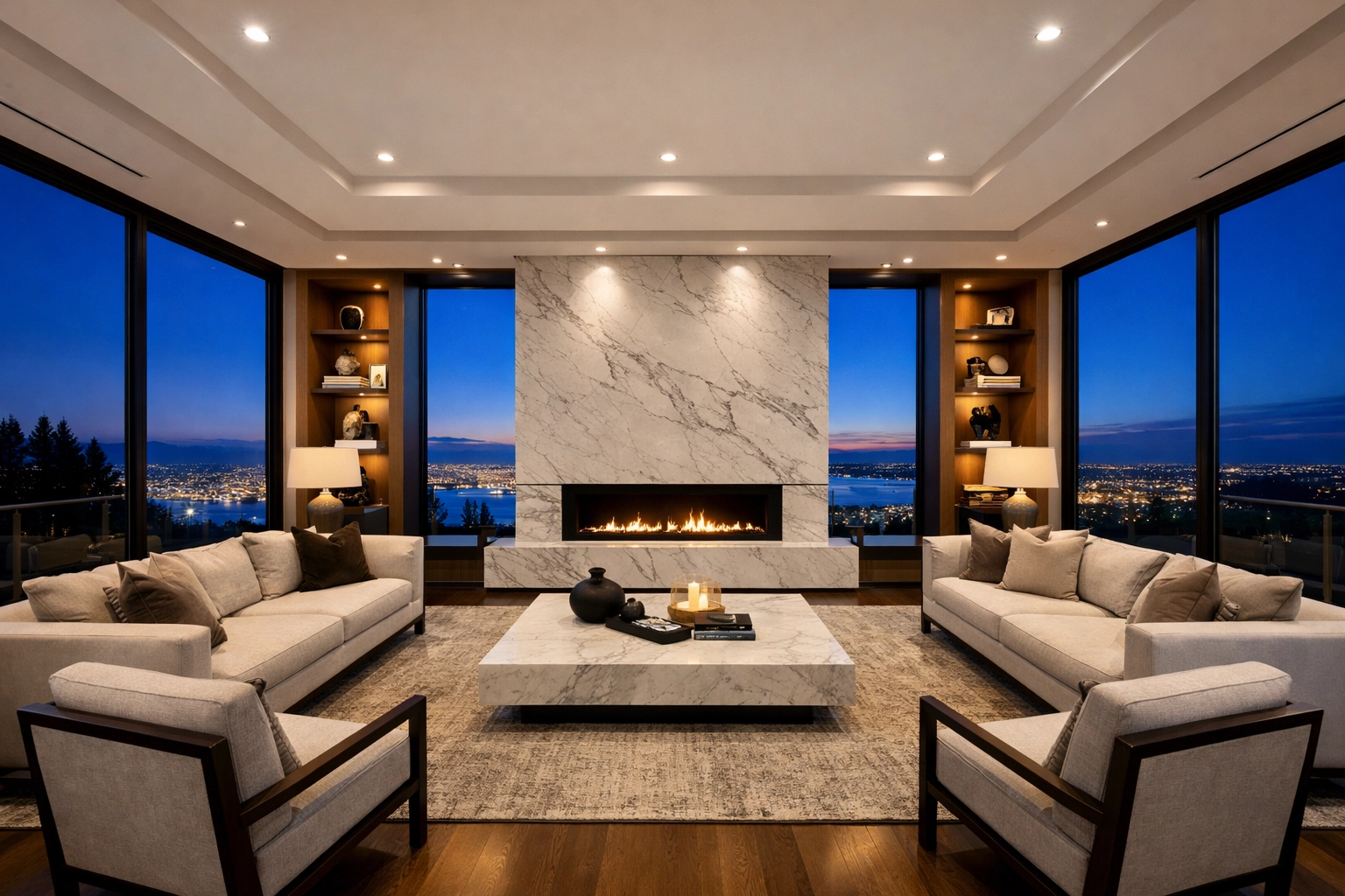 Luxury real estate photography example showing a modern living room at twilight for a professional portfolio.
