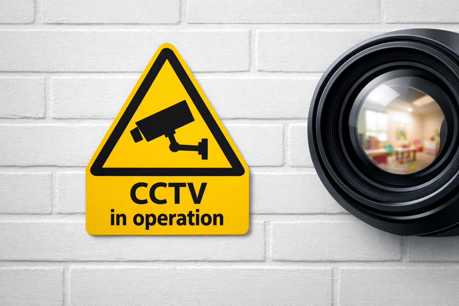 Professional UK nursery security signage and a high-definition camera lens installed on a white brick wall.