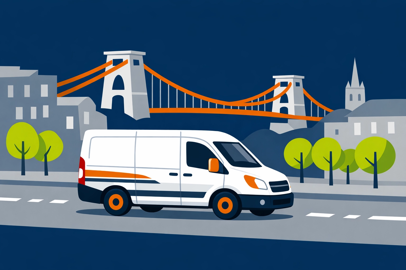 A professional emergency locksmith Bristol service van navigating traffic near the Clifton Suspension Bridge.