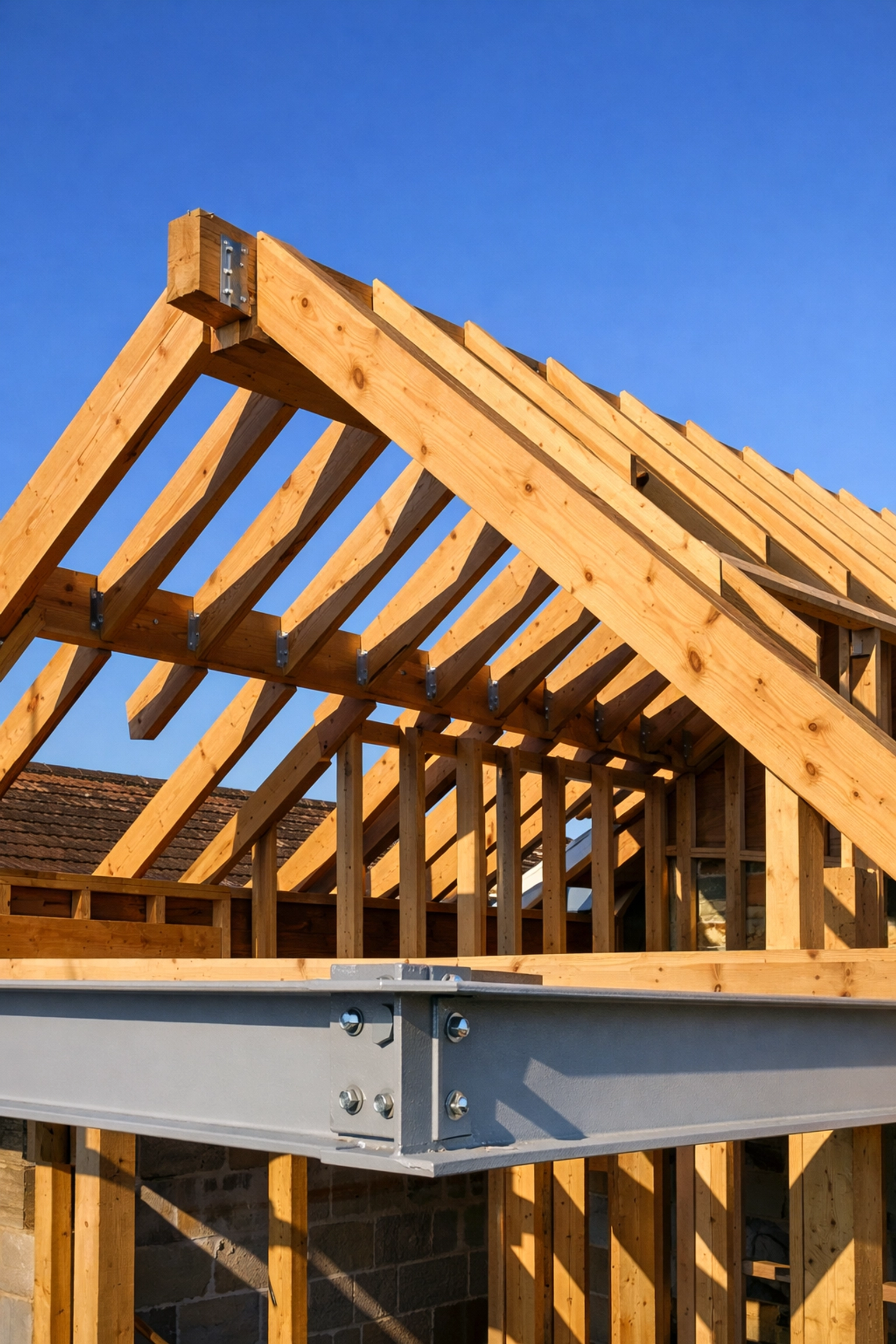 Structural timber frame and steel RSJ installation for a West Sussex bungalow second storey.