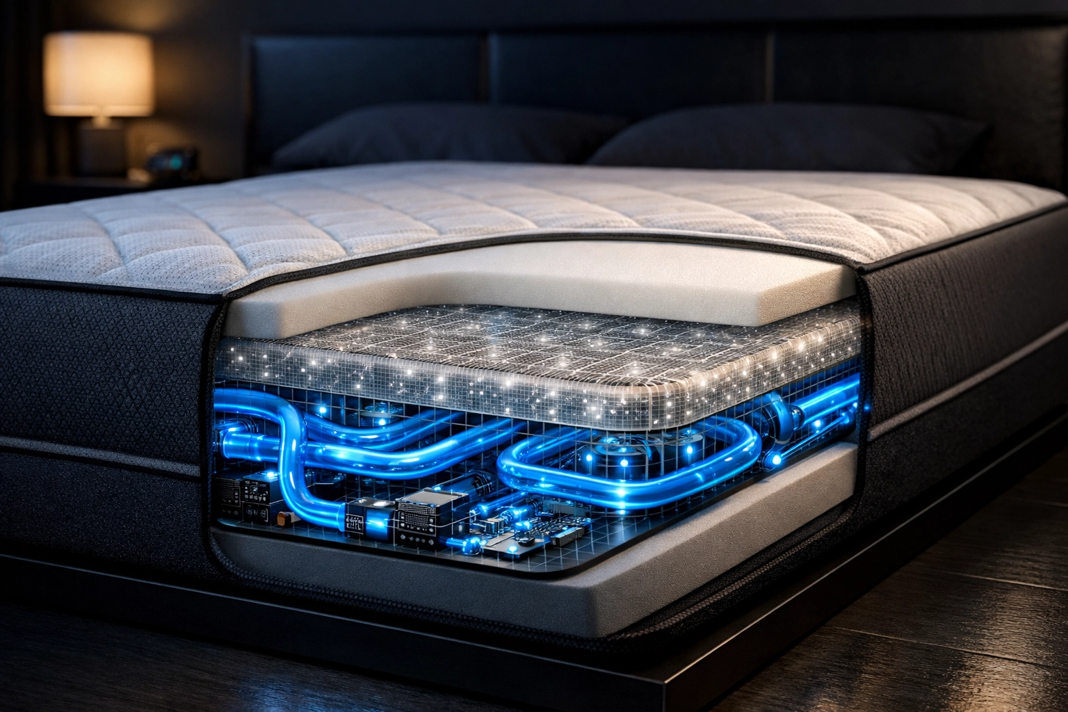 Cross-section of a smart mattress showing internal sleep sensors and cooling technology.
