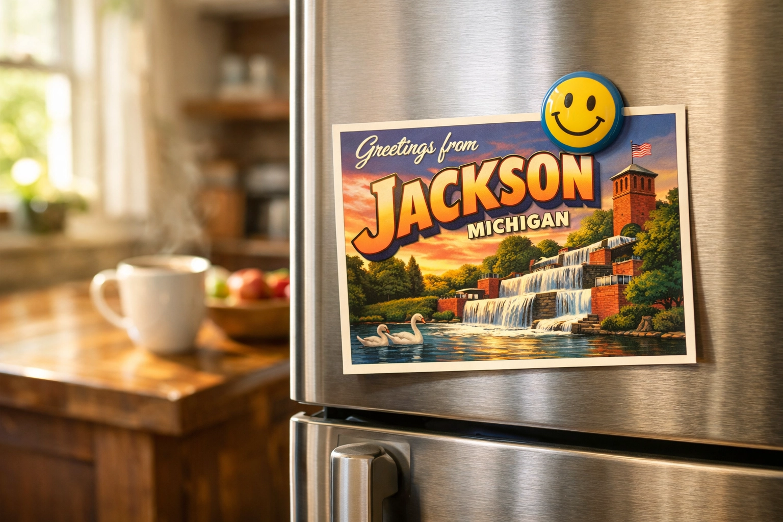 A local Jackson MI postcard on a kitchen refrigerator showcasing the longevity of direct mail marketing.