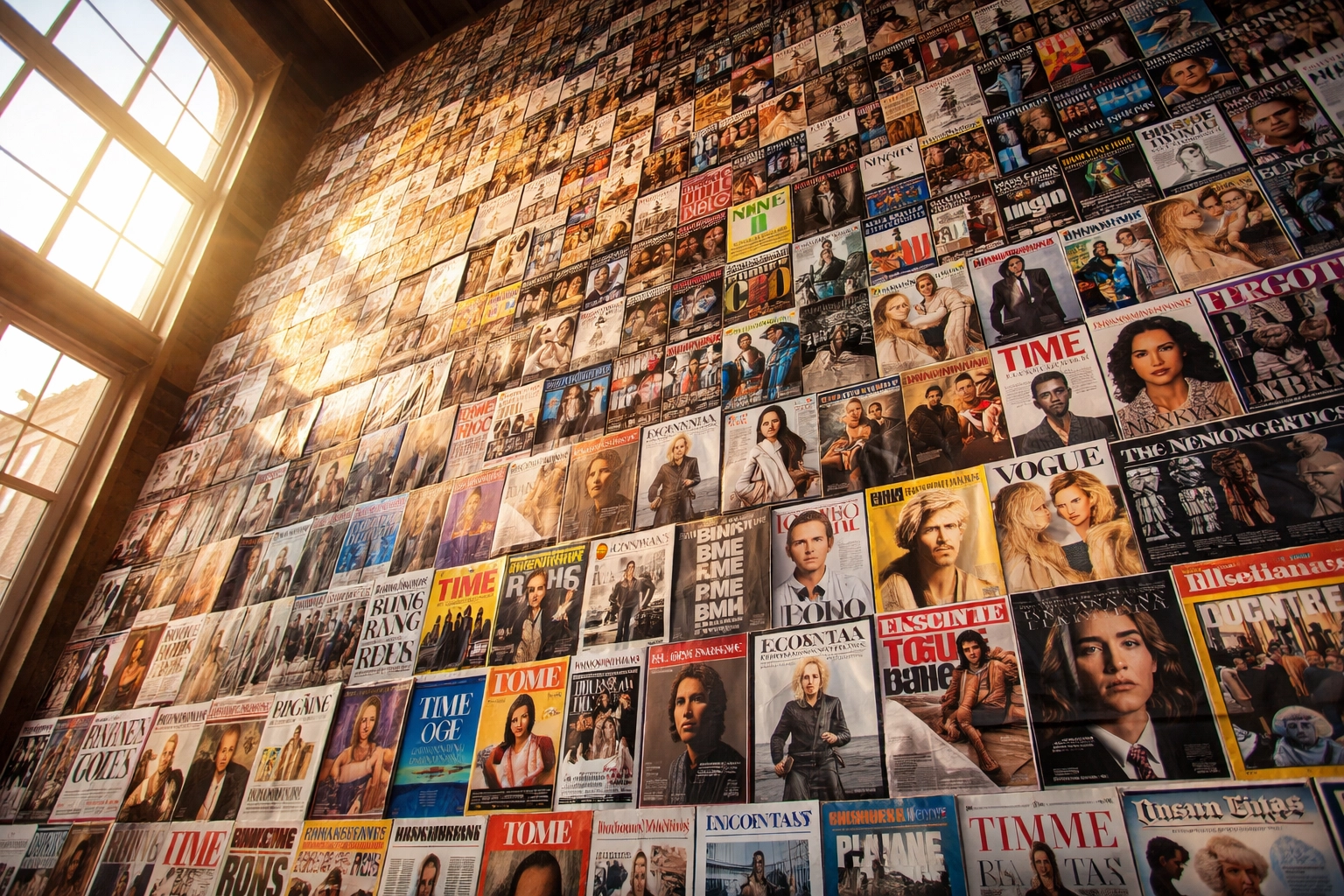 A wall filled with global magazine covers and newspapers, highlighting broad PR service publication reach.