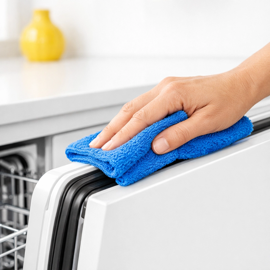 Wiping a dishwasher door gasket with a microfiber cloth to remove hidden grime and soap scum.