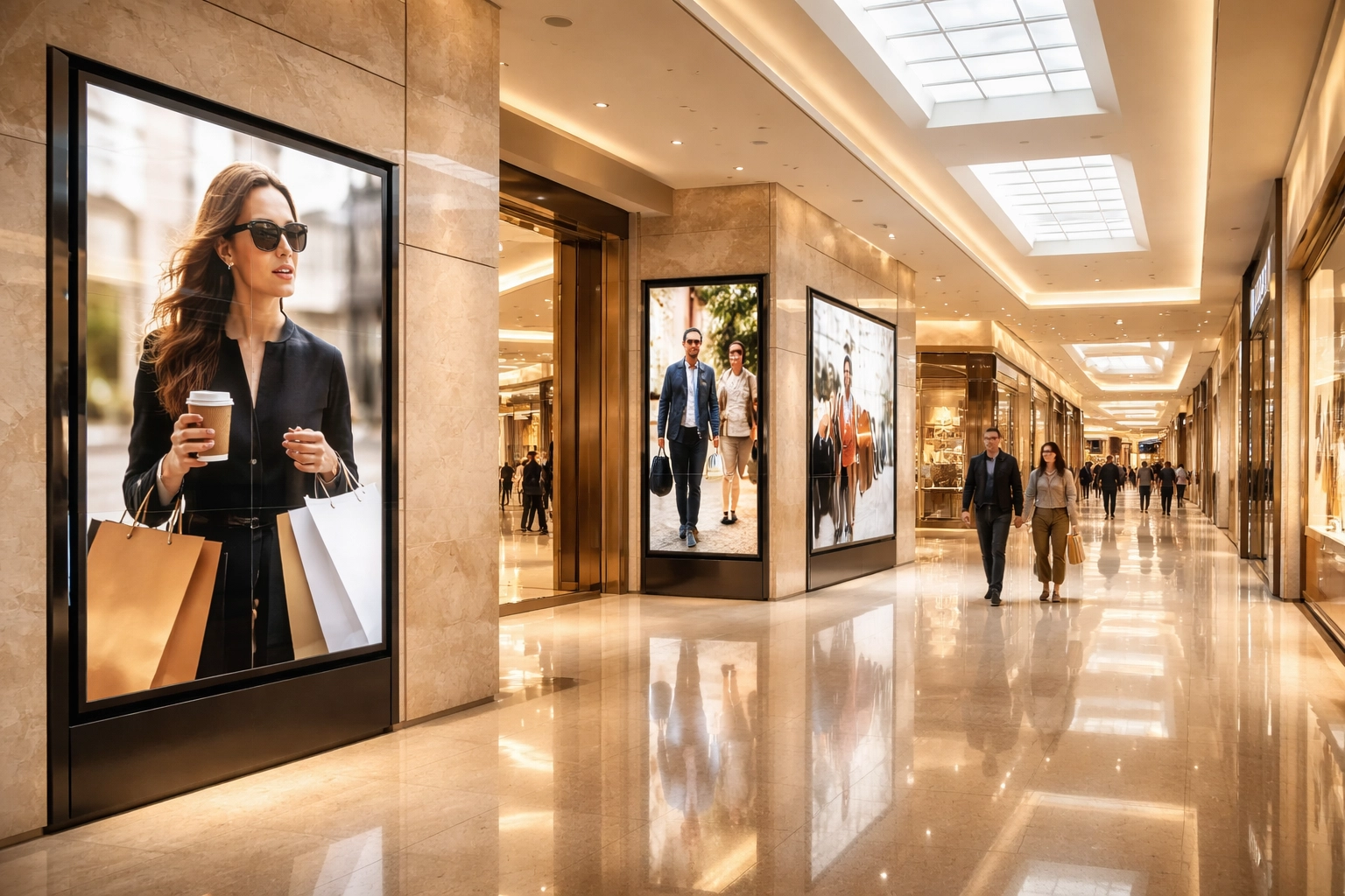 Luxury shopping mall with digital signage displays attracting shoppers, showcasing advanced retail media solutions