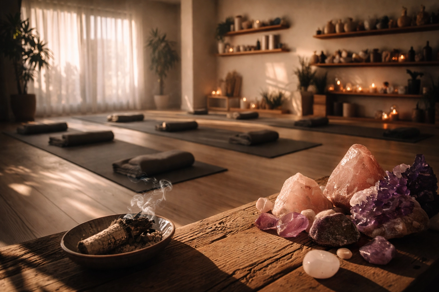 Modern wellness studio with yoga mats and crystals, highlighting dangers of demonic totems and New Age practices