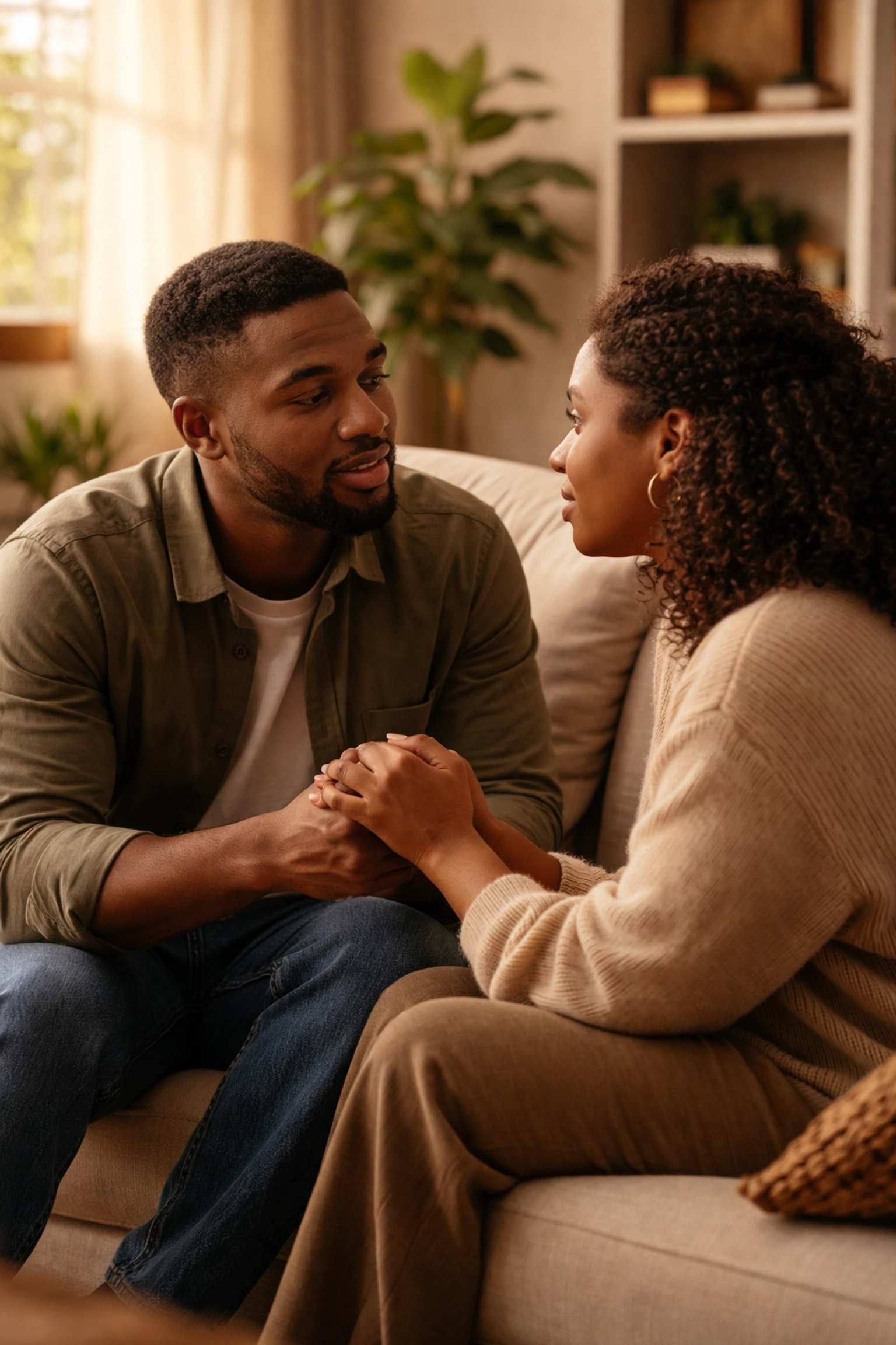 Black couple having an intimate conversation on a couch, rebuilding trust and emotional connection