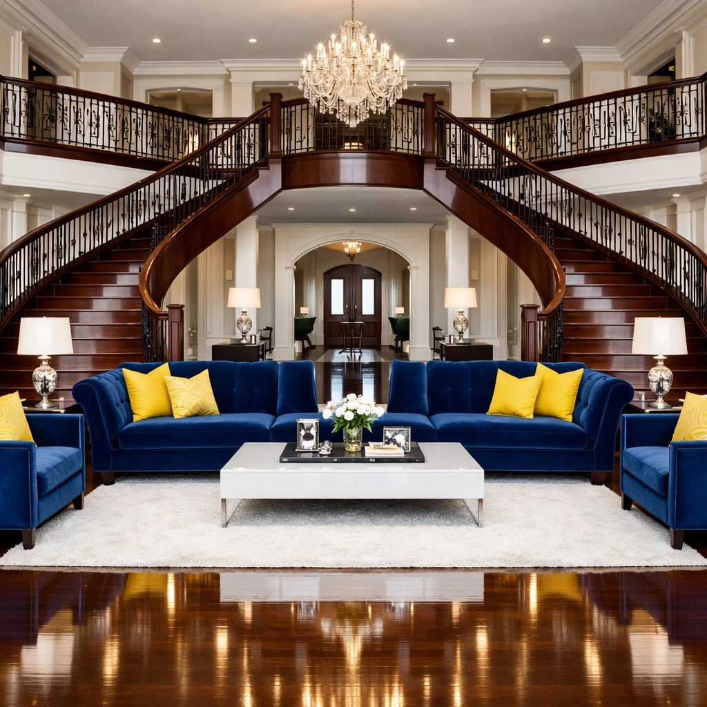 Grand Winchester living room with gleaming hardwood floors and mahogany stairs cleaned by luxury experts.