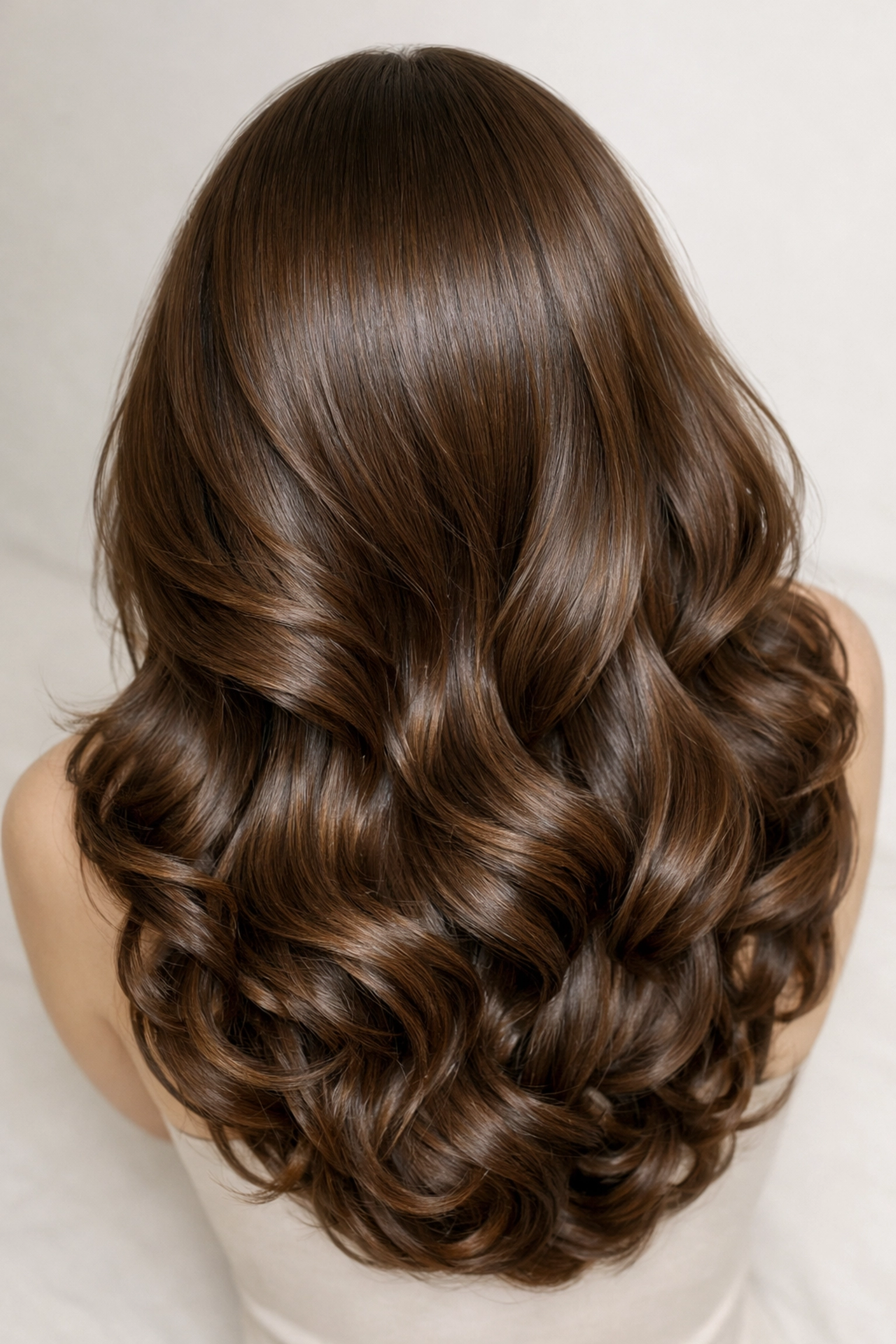 Walnut brown hair with a glossy blowout and bouncy curls from a top hair salon in Concord, NH.