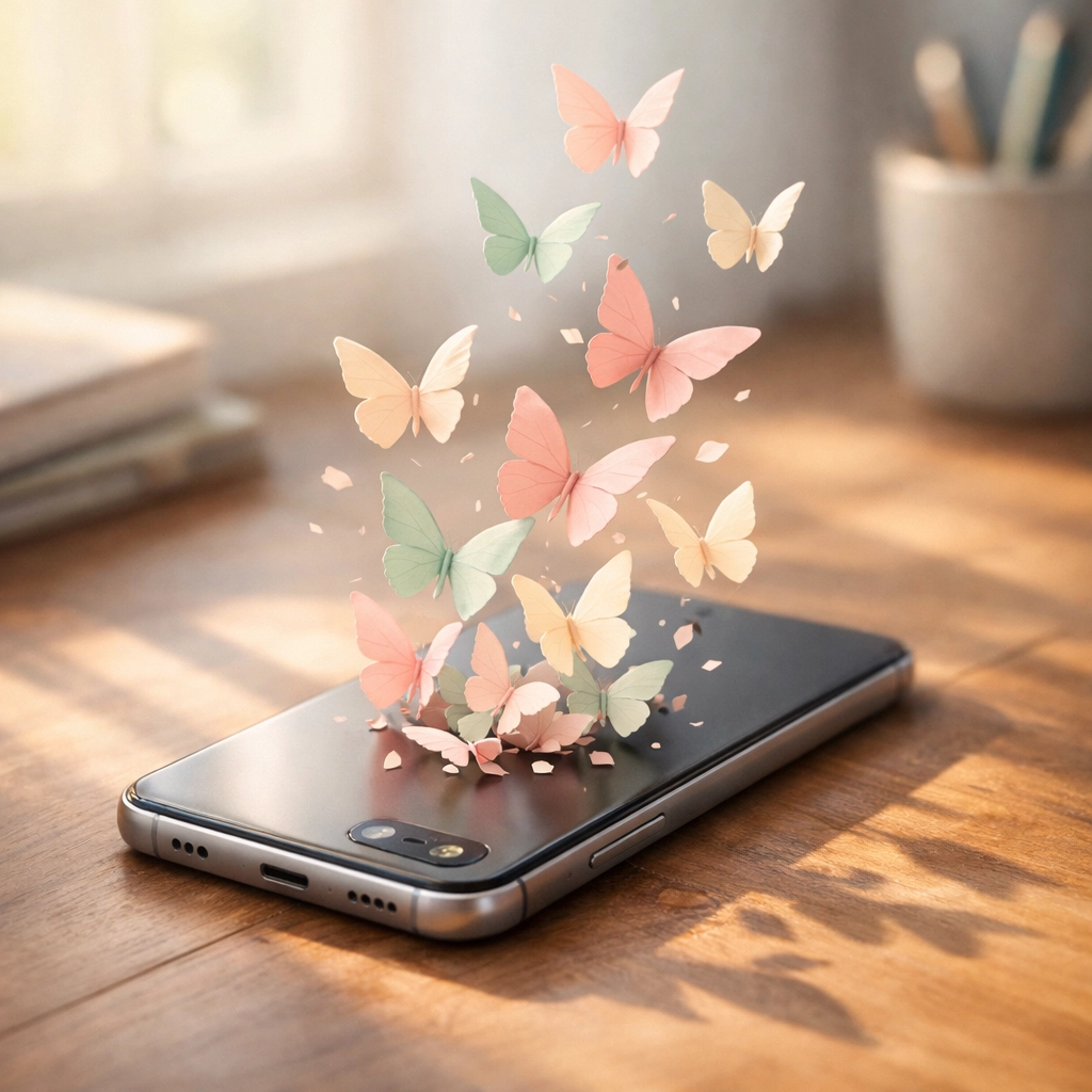 Smartphone face-down on desk with butterflies emerging showing freedom from phone addiction