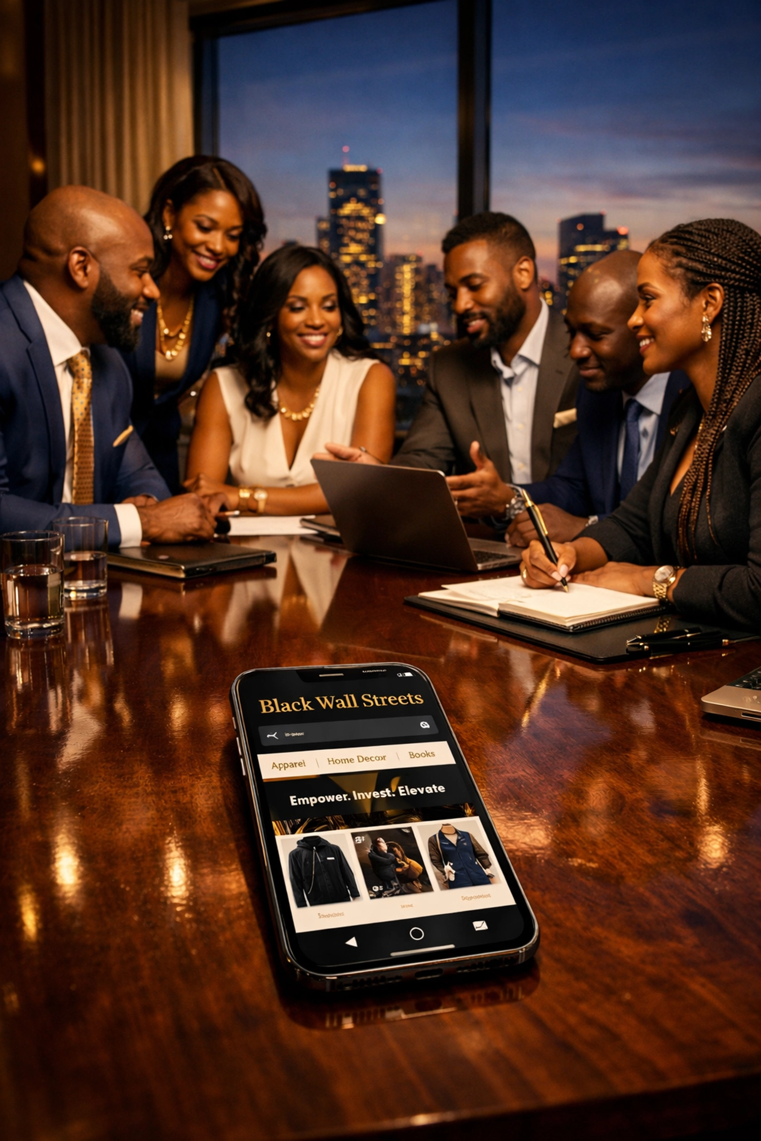 Diverse Black professionals in a luxury boardroom meeting focusing on community investment and business growth.