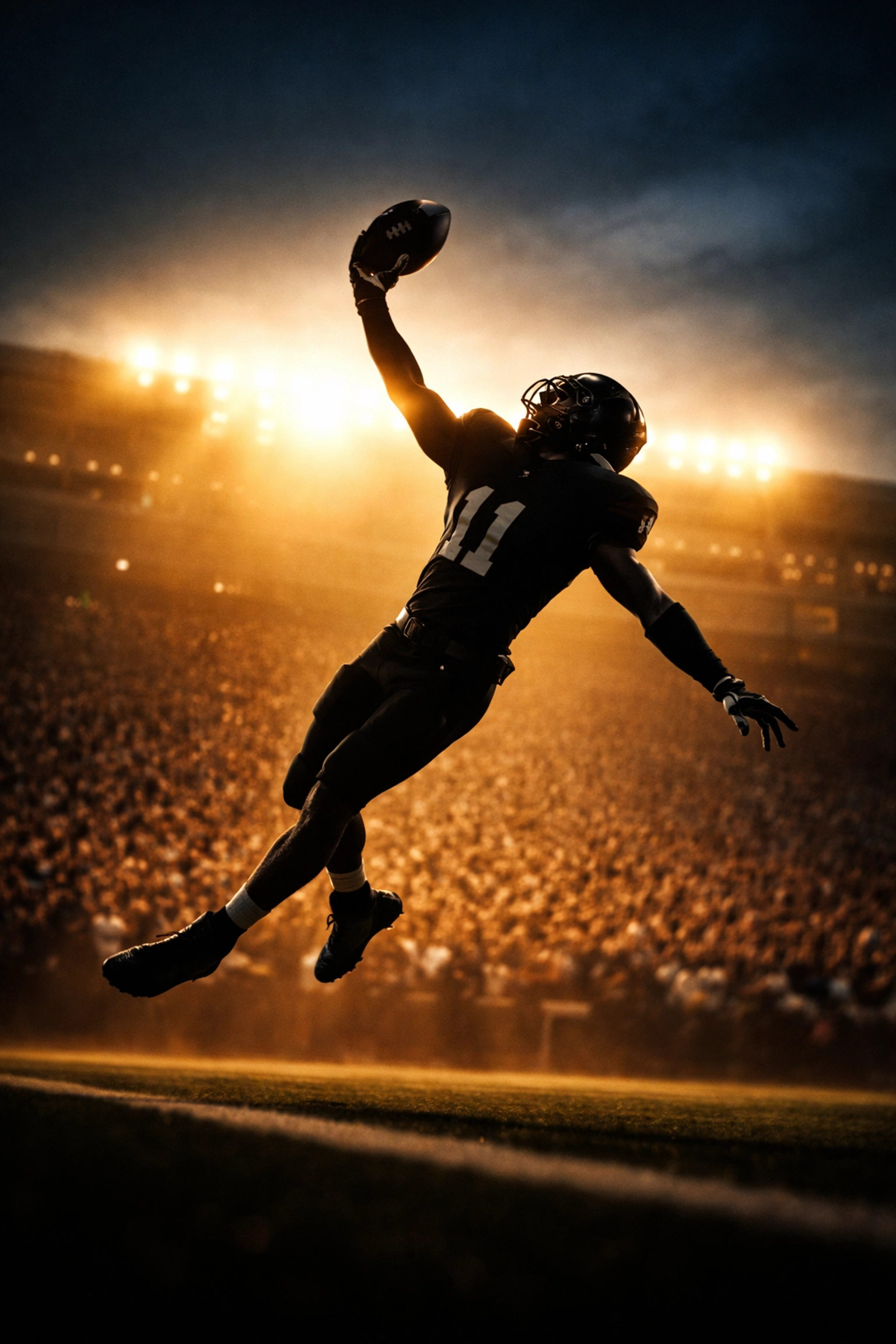 College football wide receiver making an athletic one-handed catch in the end zone under stadium lights