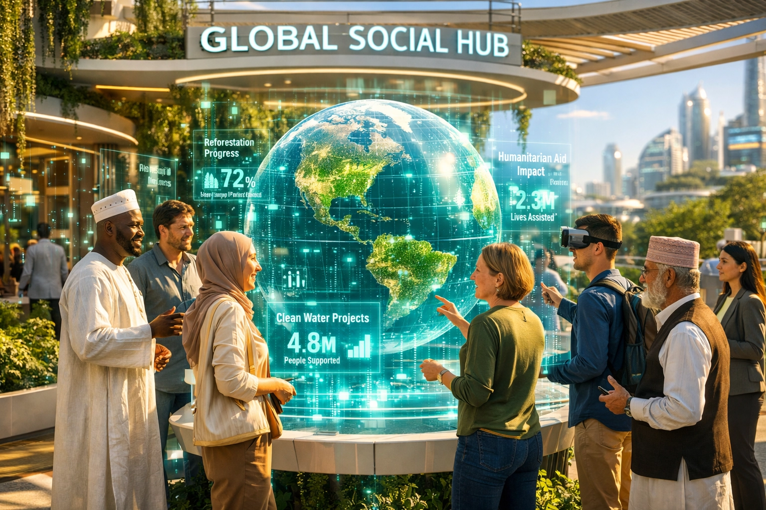 Larecoin community members using holographic maps for global social impact and humanitarian innovation.