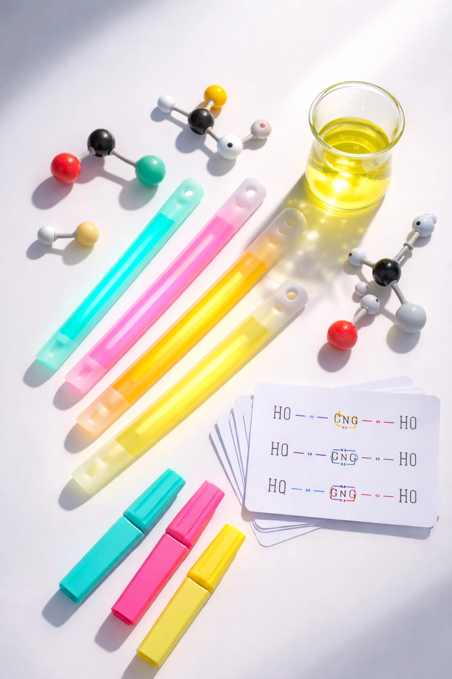 Glow-sticks, beaker with glowing liquid, and chemistry diagrams highlight the science behind chemiluminescence for Oxbridge interviews.