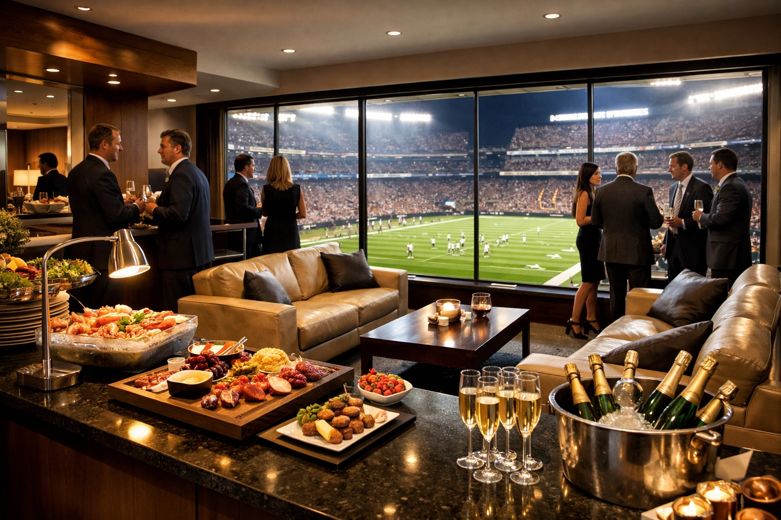 Luxury corporate suite at Super Bowl with executives networking and premium catering