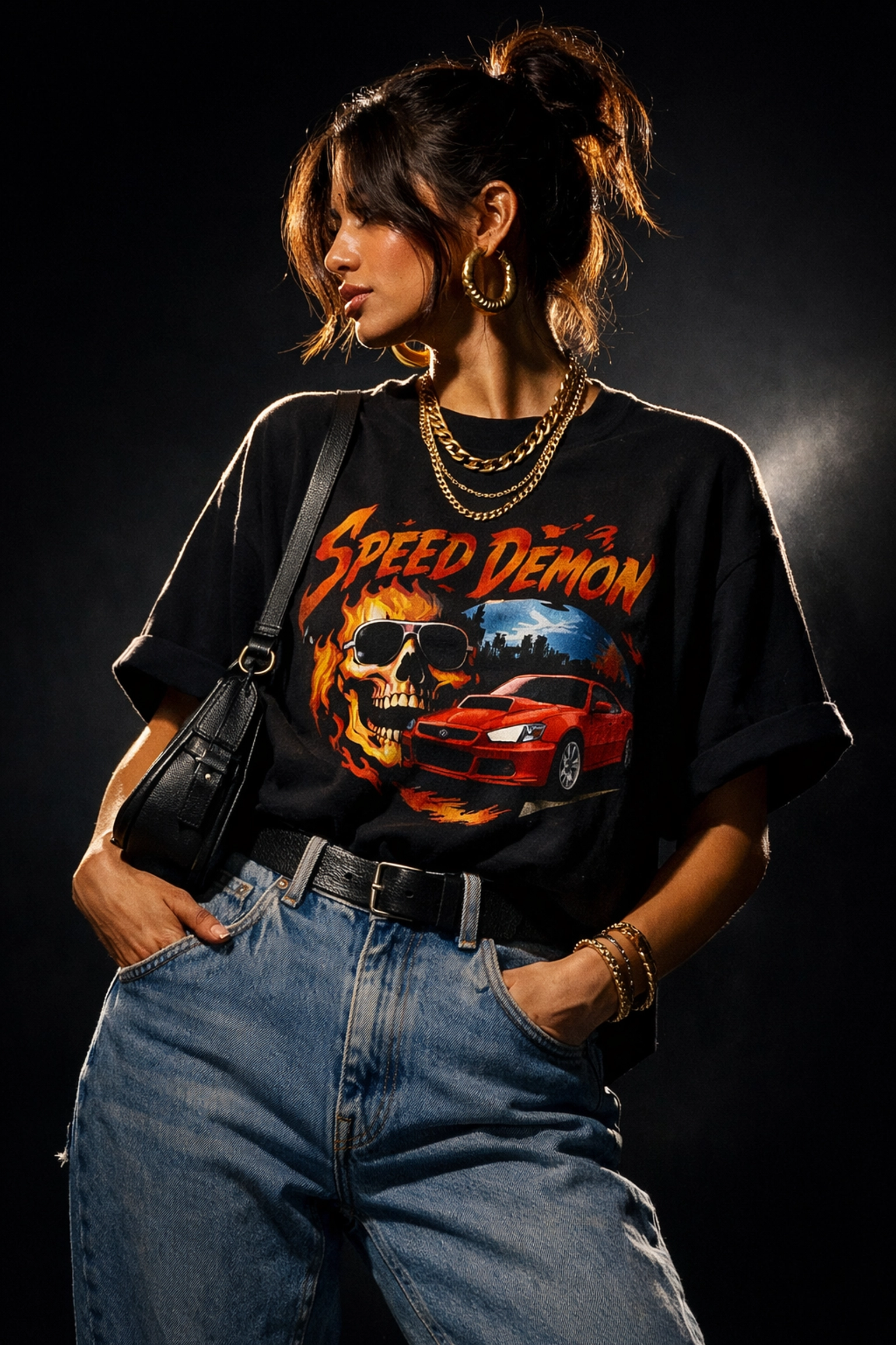 Woman styled in oversized graphic tee with high-waisted jeans and gold accessories