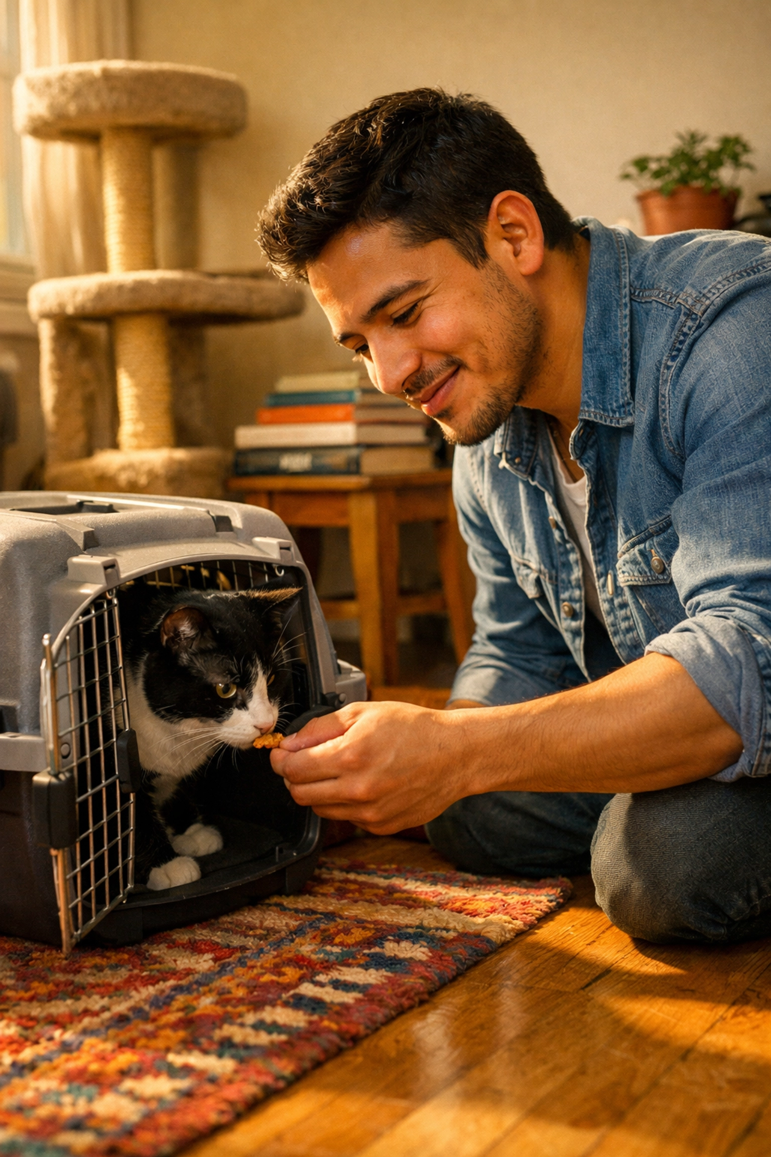 A foster volunteer prepares a tuxedo cat for transport, supporting California animal rescue efforts.