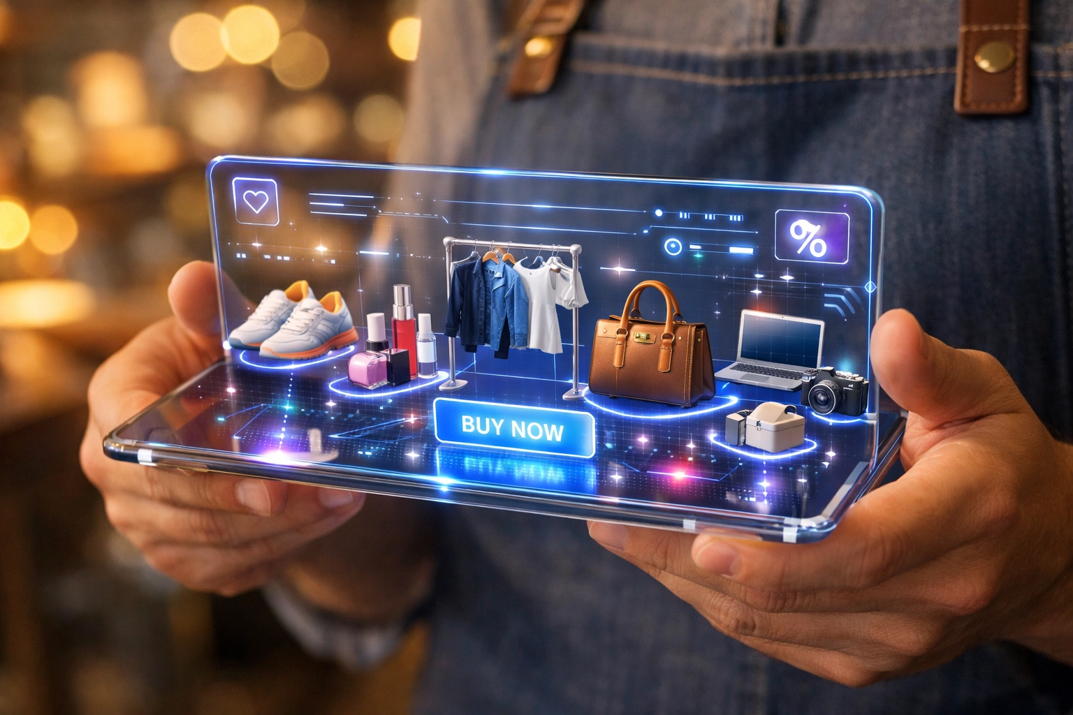 Small business owner viewing virtual reality shopping interface with holographic product displays