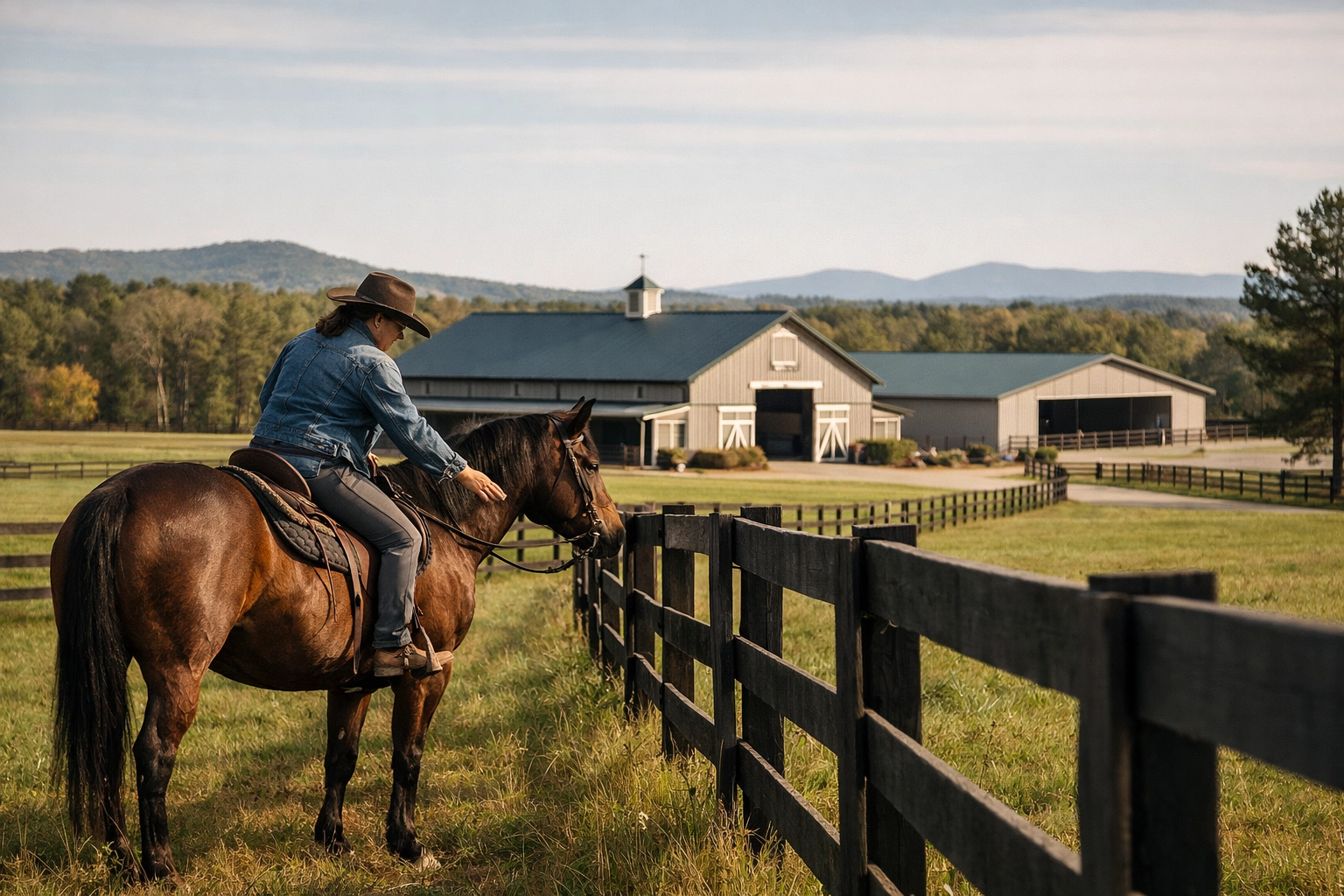 Rider inspecting horse farm fencing with barn and arena in North Carolina
