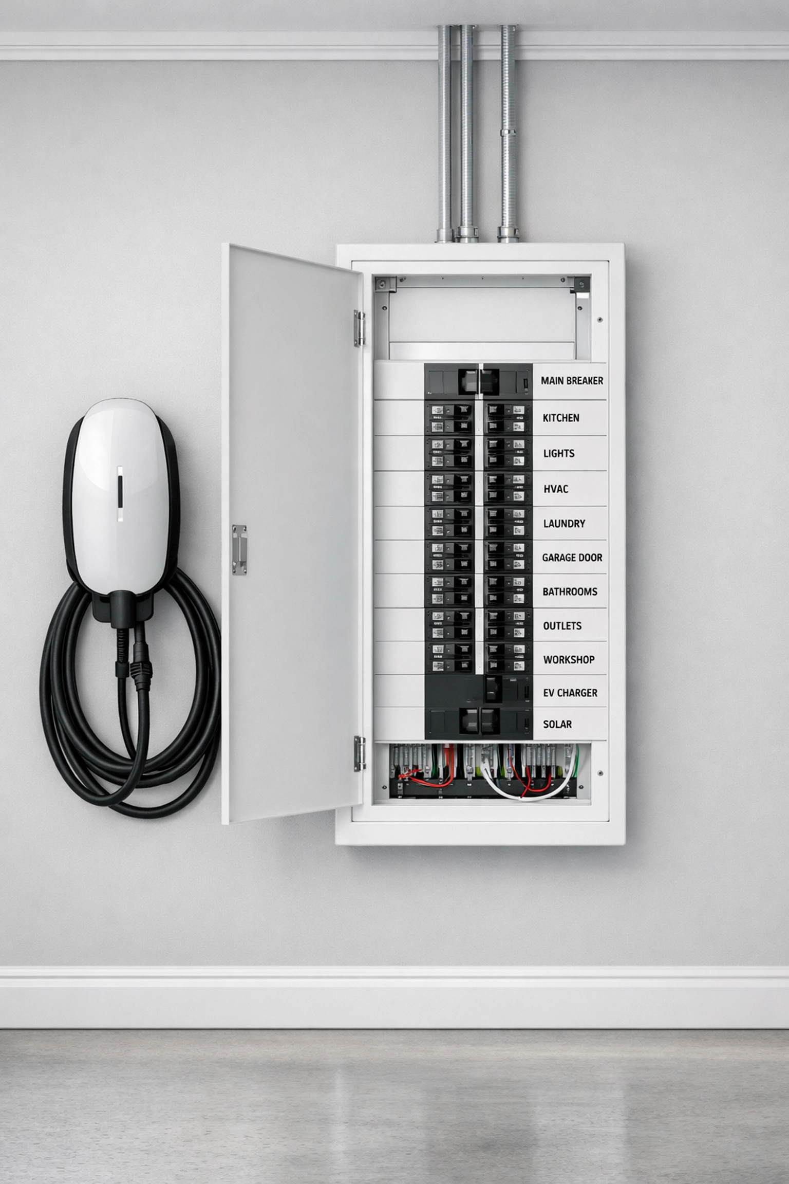 Upgraded electrical panel and EV charger installation in a modern Maricopa County garage.