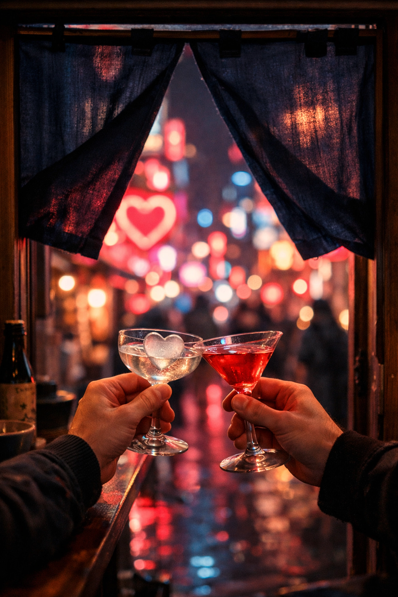 Valentine's toast with heart-shaped ice in Tokyo gay bar with neon street view