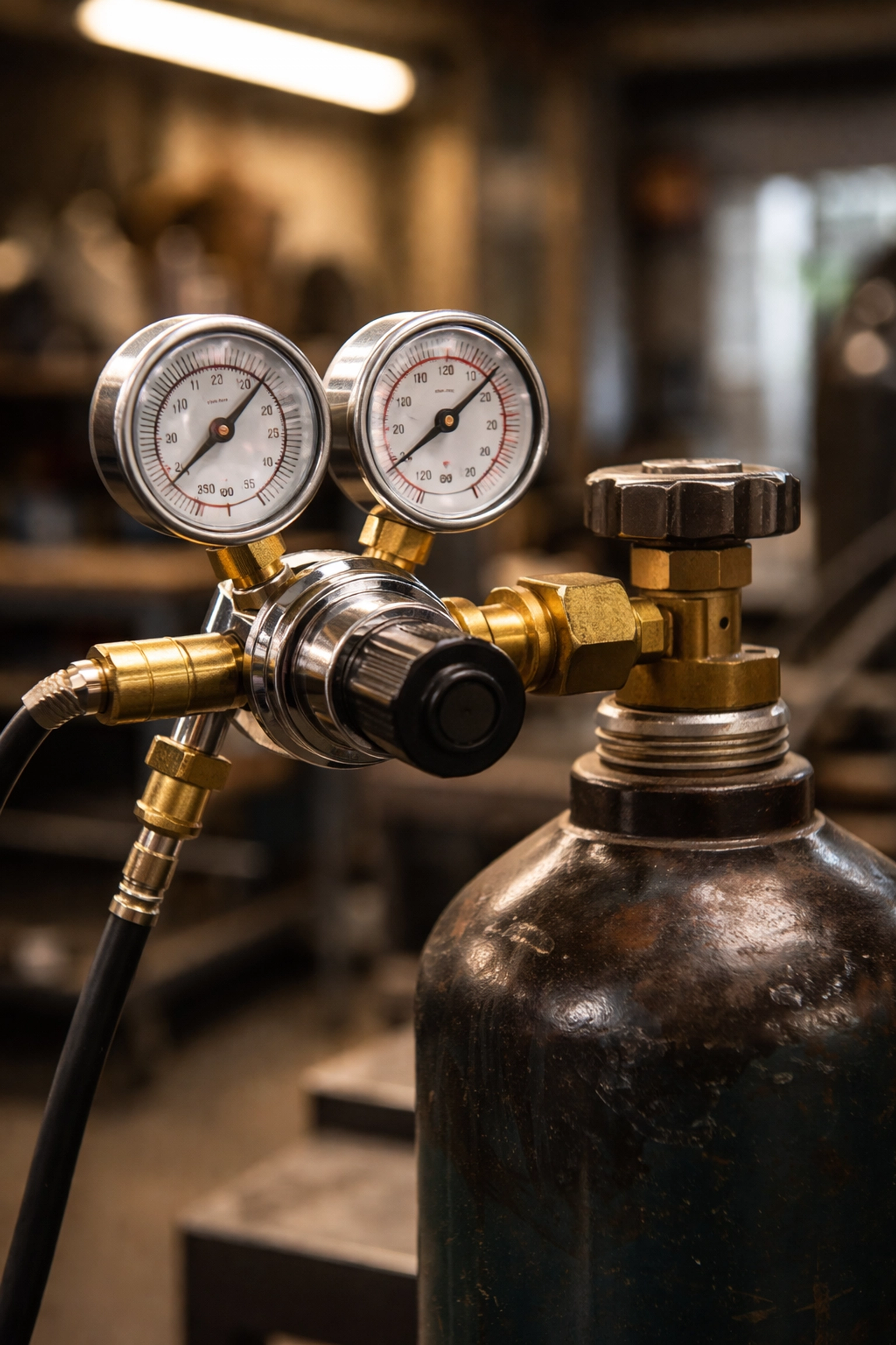 Close-up of a gas regulator on a MIG gas bottle in a professional welding shop, highlighting crucial equipment for proper welding.