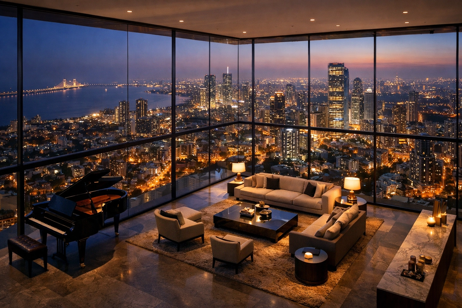 Ultra-luxury penthouse living room with a city skyline view, showcasing investment tips india.