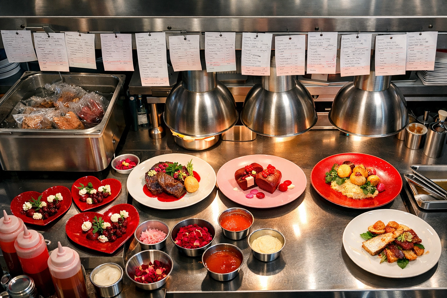 Restaurant kitchen expo station during Valentine's Day dinner service showing organized ticket rail and plated dishes