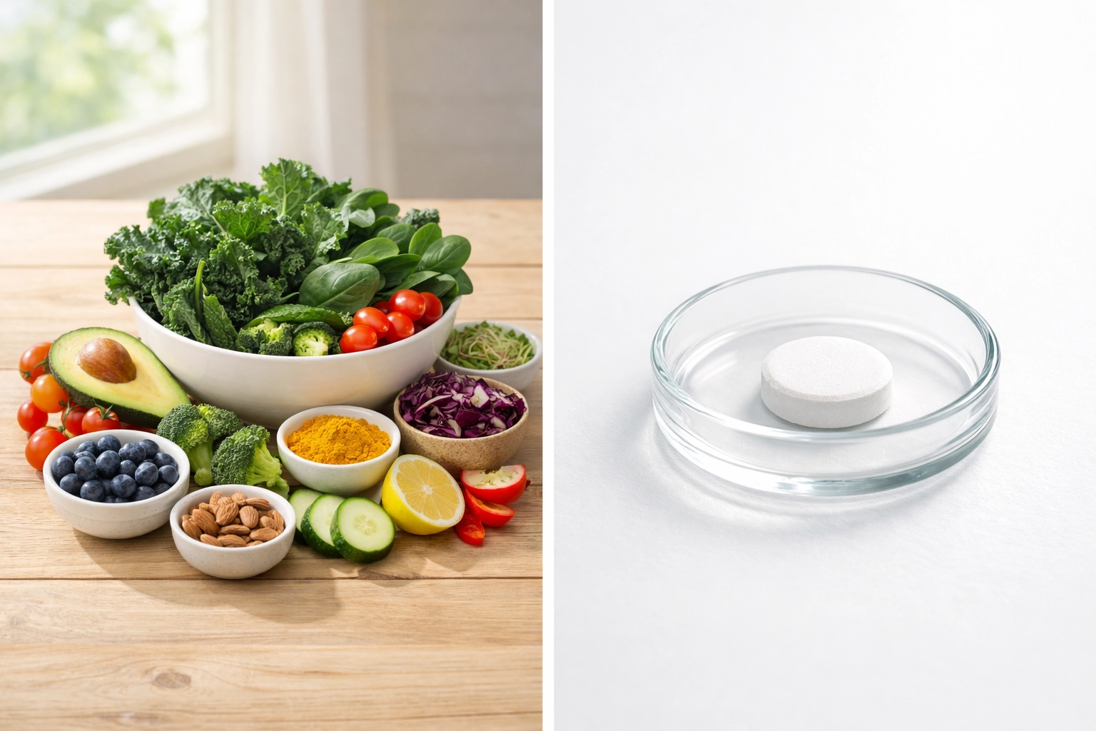 Comparison of fresh alkaline-rich vegetables versus alkaline supplement tablet on white surface