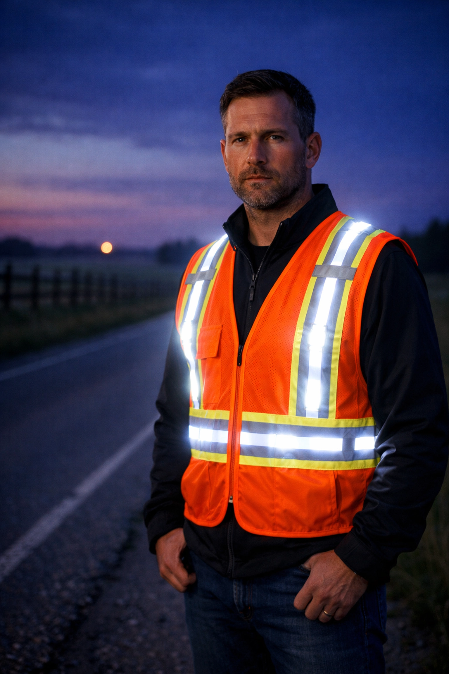 Orange LED safety vest with white lights for roadside worker visibility on rural roads at twilight.