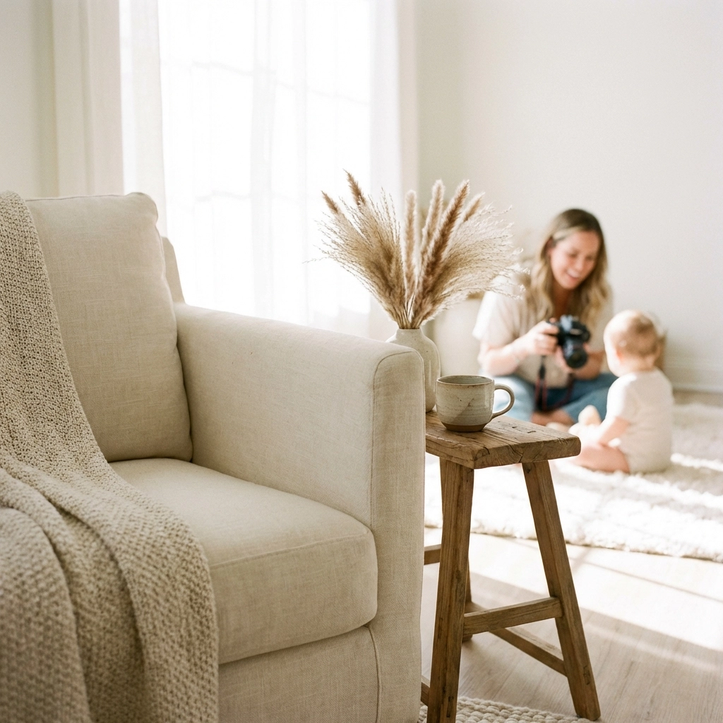 Comfortable parent lounge area in a boutique Northern Beaches newborn photography studio.