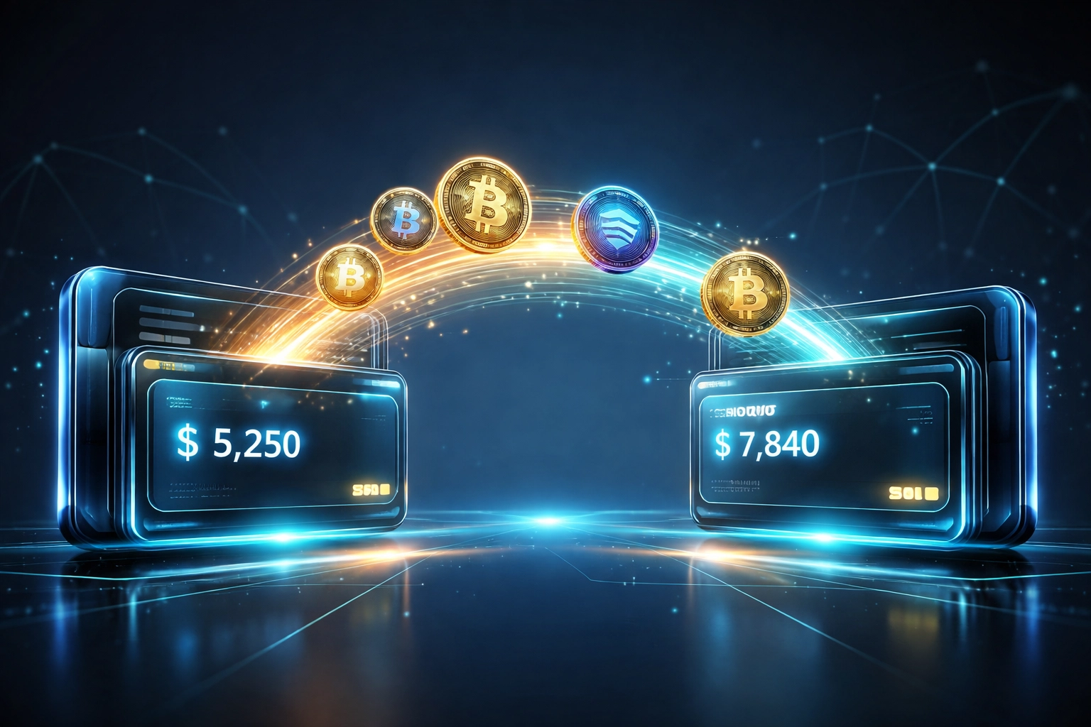 Digital crypto tokens move instantly between two wallet interfaces, illustrating real-time self-custody merchant payments.