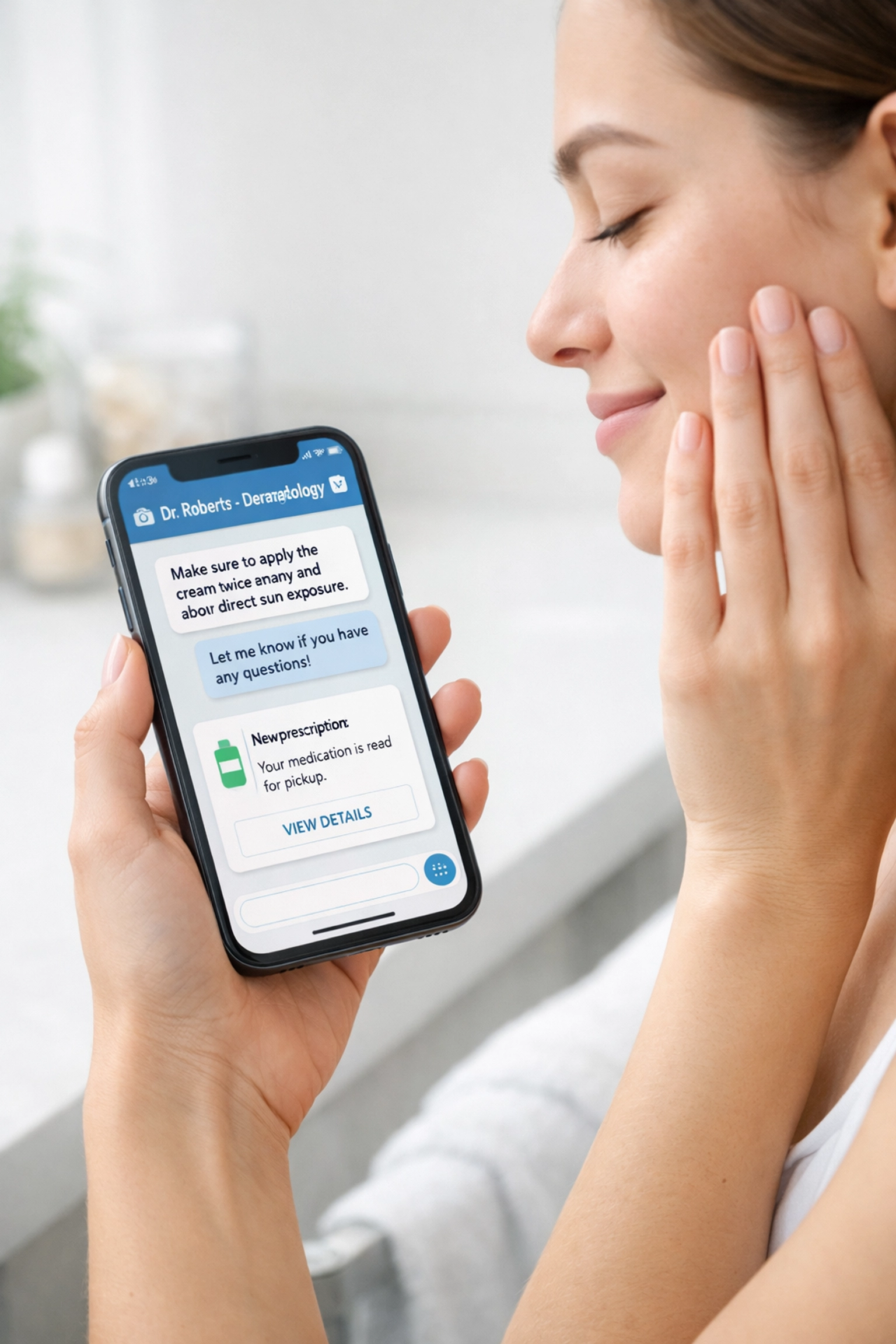 Woman using smartphone for online acne treatment consultation with clear healthy skin