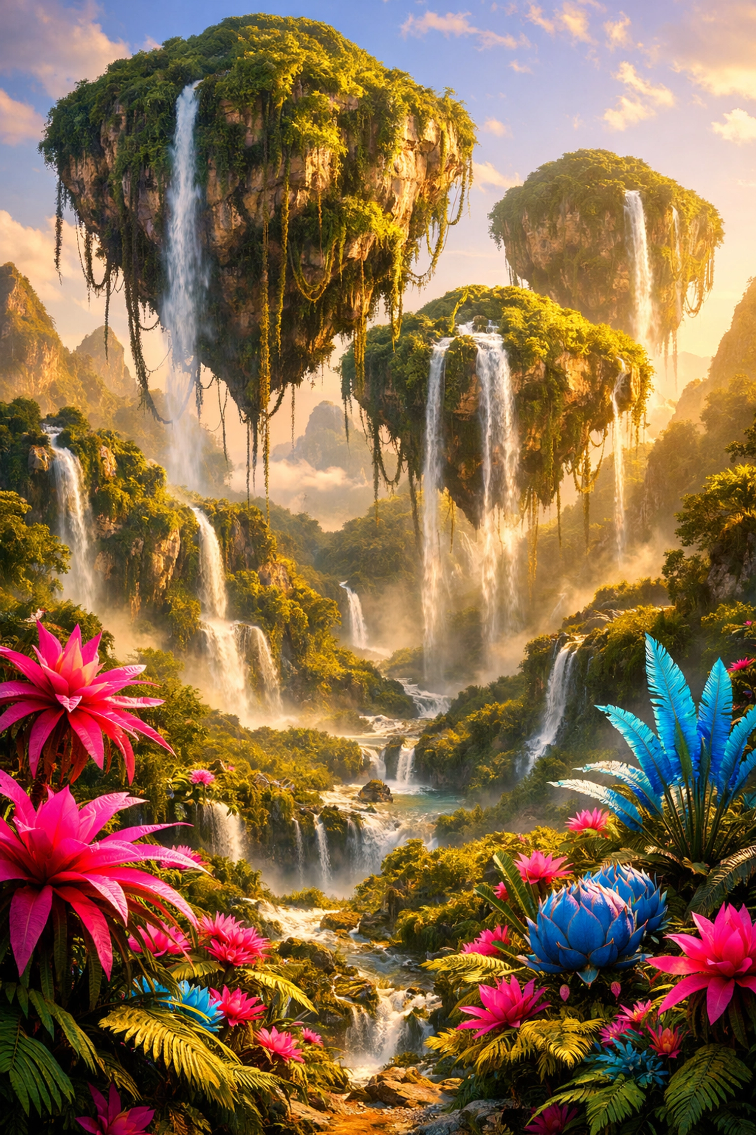 Floating mountains and lush waterfalls in the World of Avatar at Disney’s Animal Kingdom park.