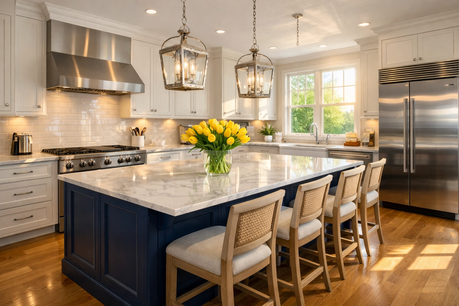 Sunlit modern kitchen with marble surfaces maintained by professional cleaners in Sandwich.