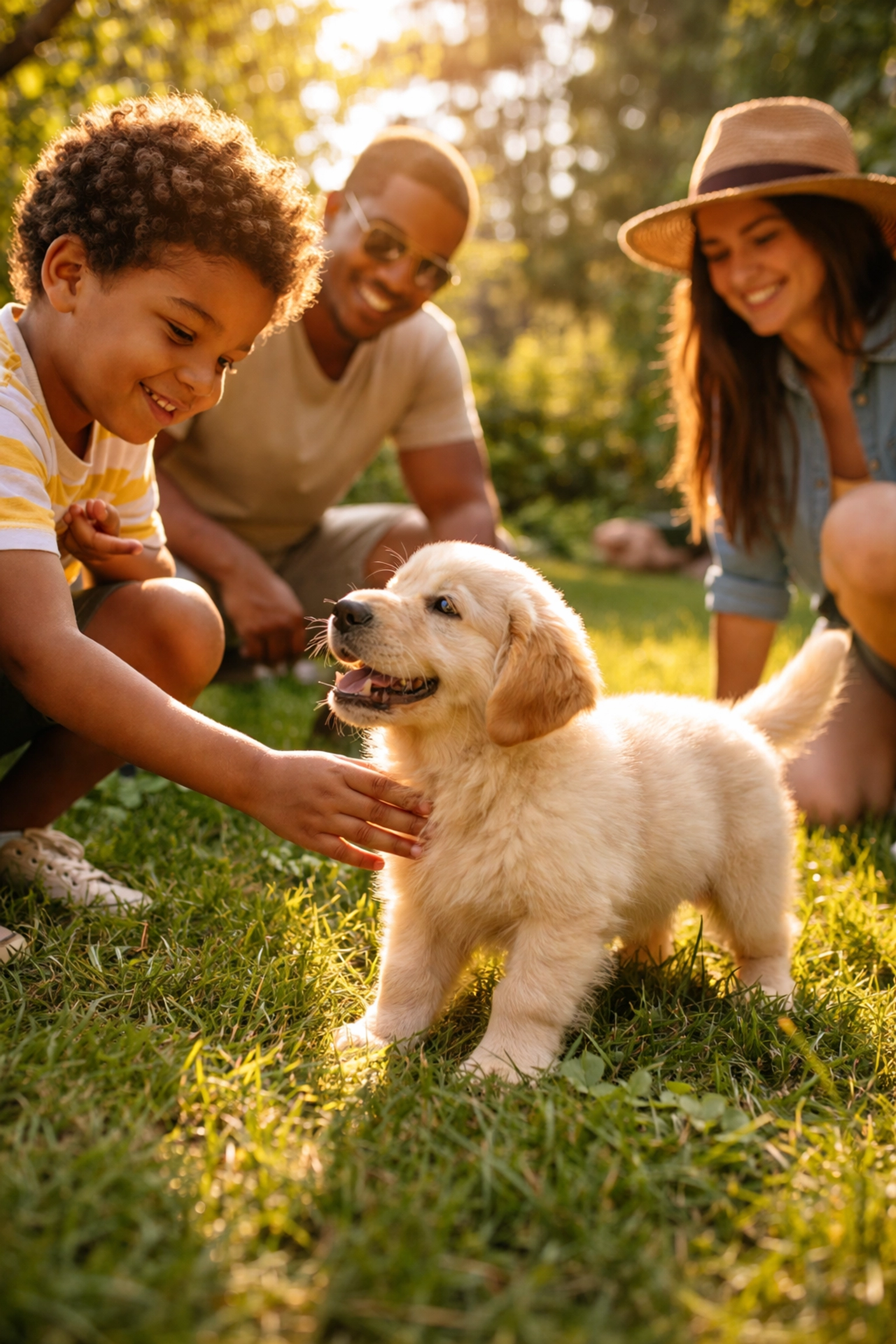 Socialized Golden Retriever puppy meeting diverse people in a sunny Pacific Northwest backyard