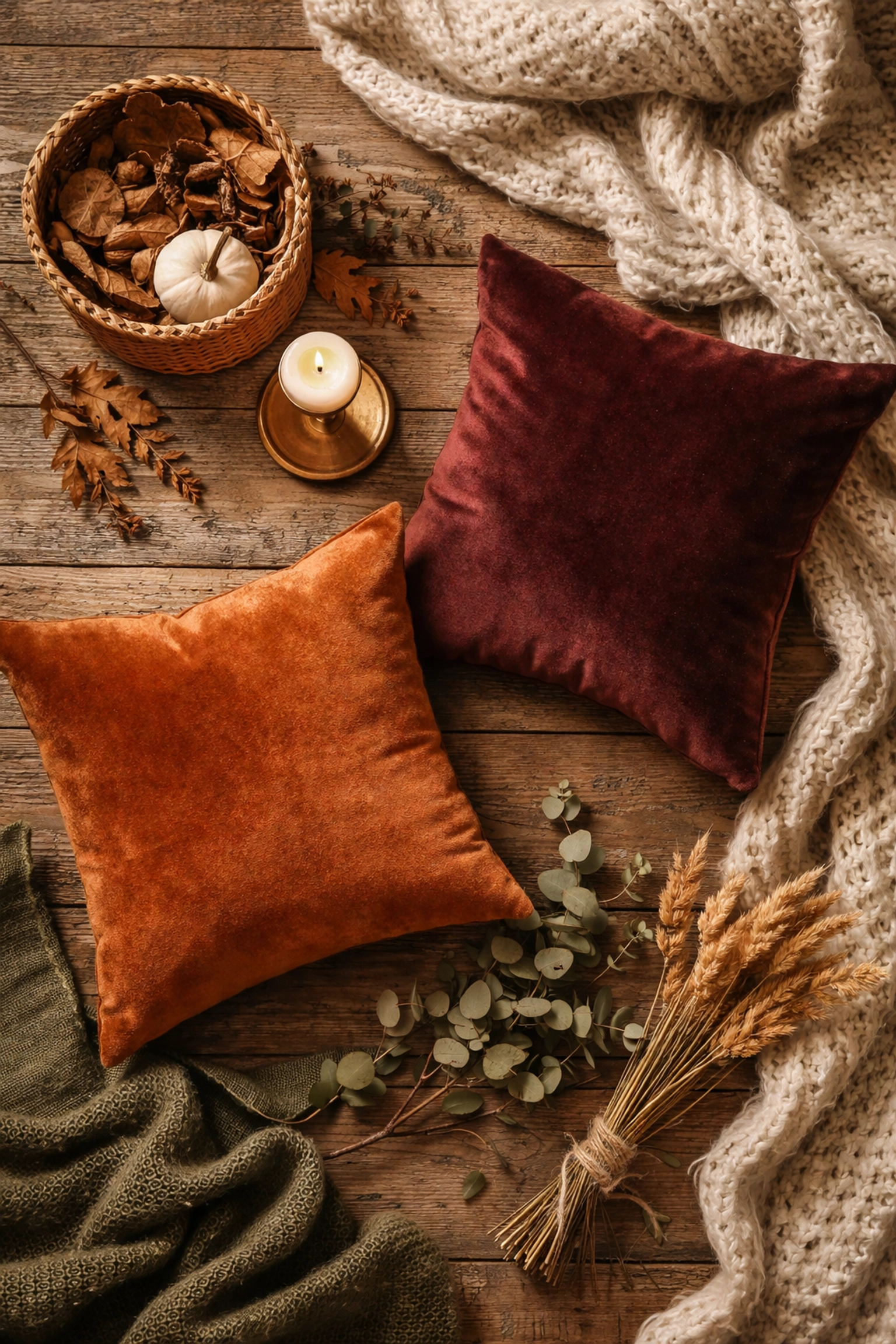 Flat-lay of rustic home accents, including velvet pillows, basket, and botanicals, perfect for seasonal decor swaps