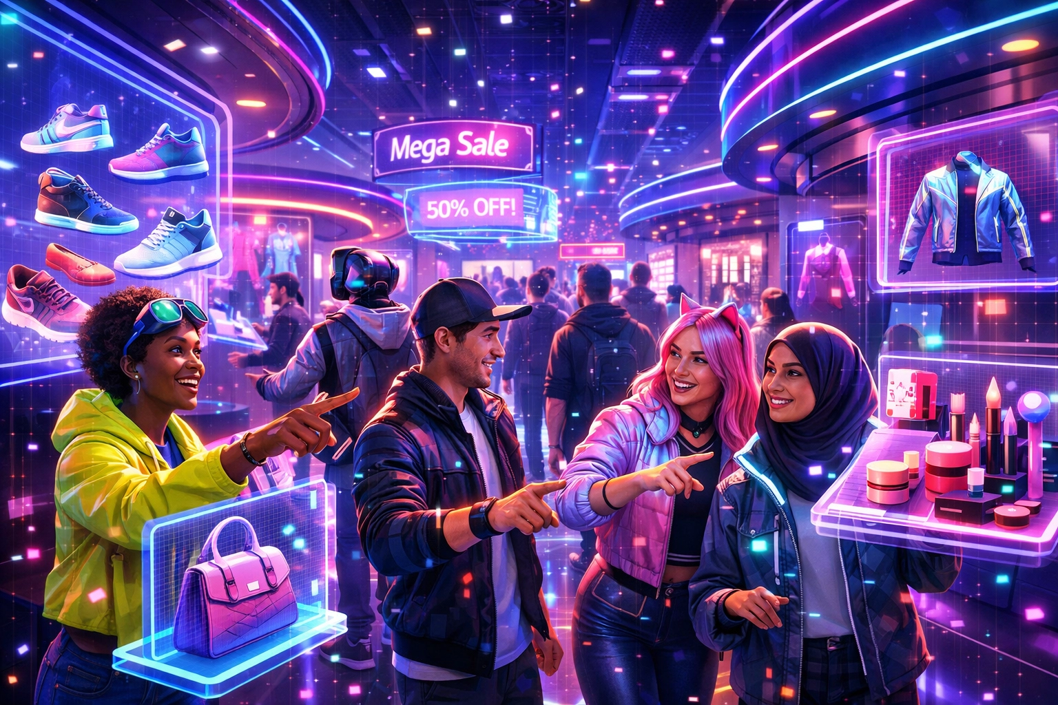 Avatars shopping together in Larecoin metaverse storefront with holographic product displays