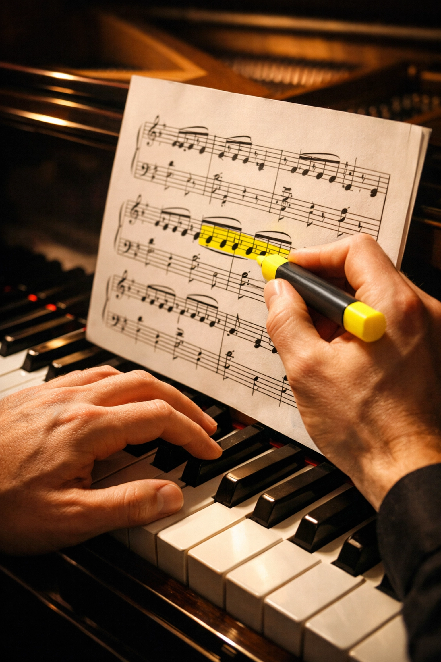 Adult pianist marking trouble spots on sheet music with highlighter during focused practice