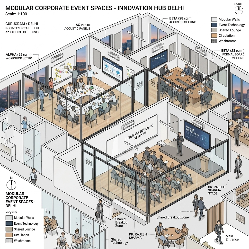 Modular corporate event spaces labeled Alpha, Beta, and Gamma