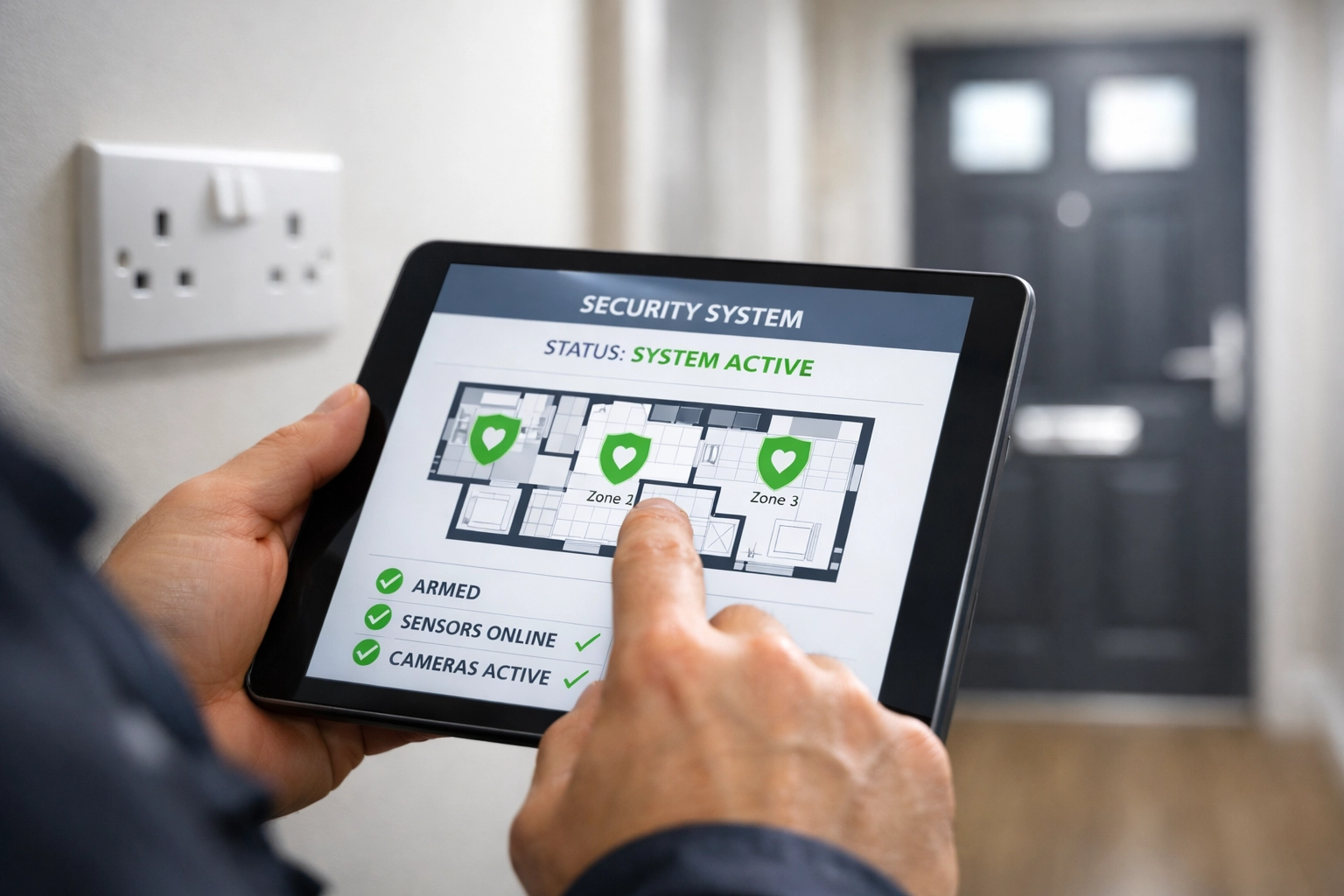 Expert technician testing a smart home security system via tablet during an installation in Abingdon.