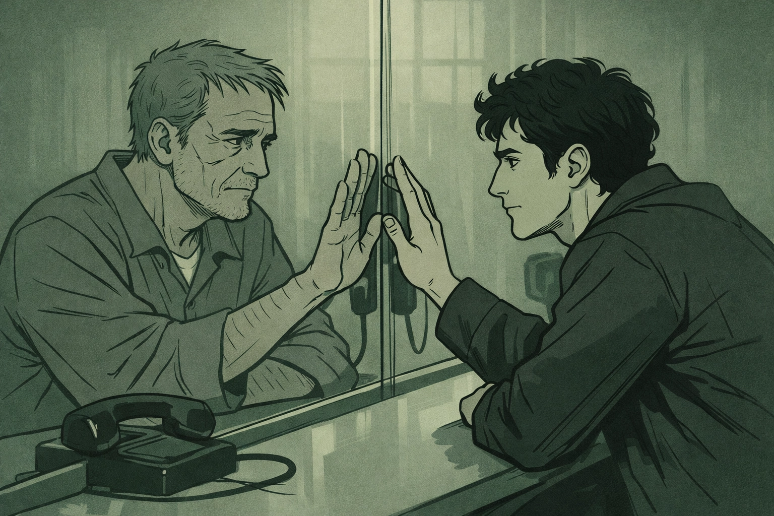 Gay prison romance: two men separated by visiting room glass, hands reaching toward each other