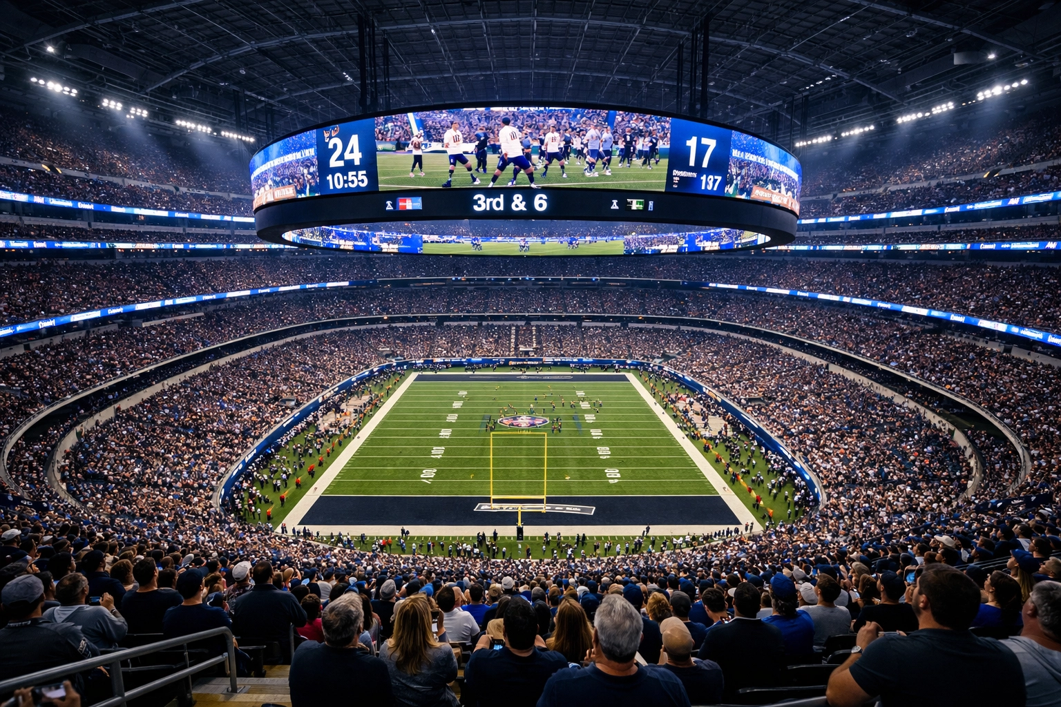 Full stadium view showing a total venue takeover with synchronized LED ring displays during a game.