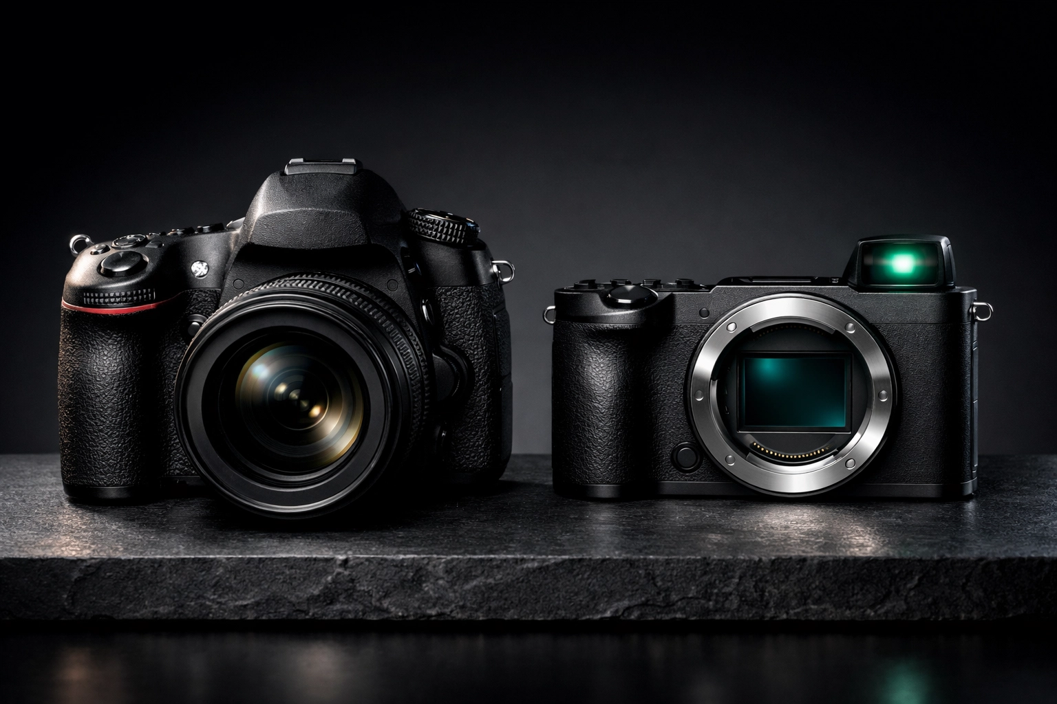 Side-by-side comparison of a heavy DSLR and a compact 2026 mirrorless camera with an electronic viewfinder.