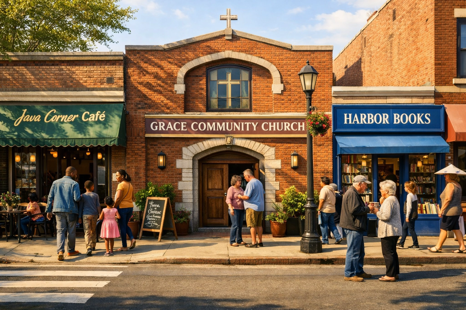 A community church nestled between local businesses, representing the Square Mile model of community wealth building.