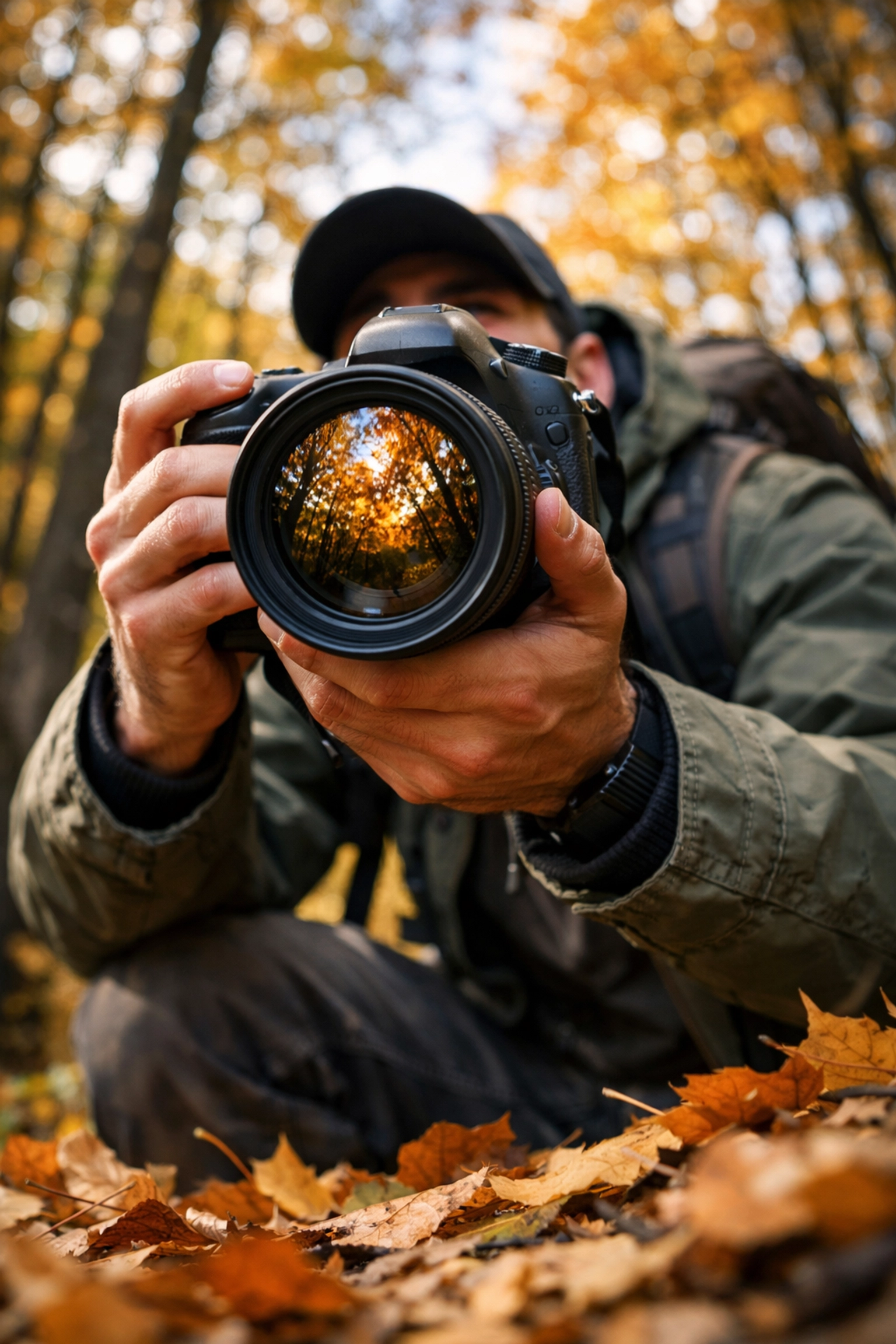 Photographer capturing a low-angle shot to explore creative portrait photography techniques.
