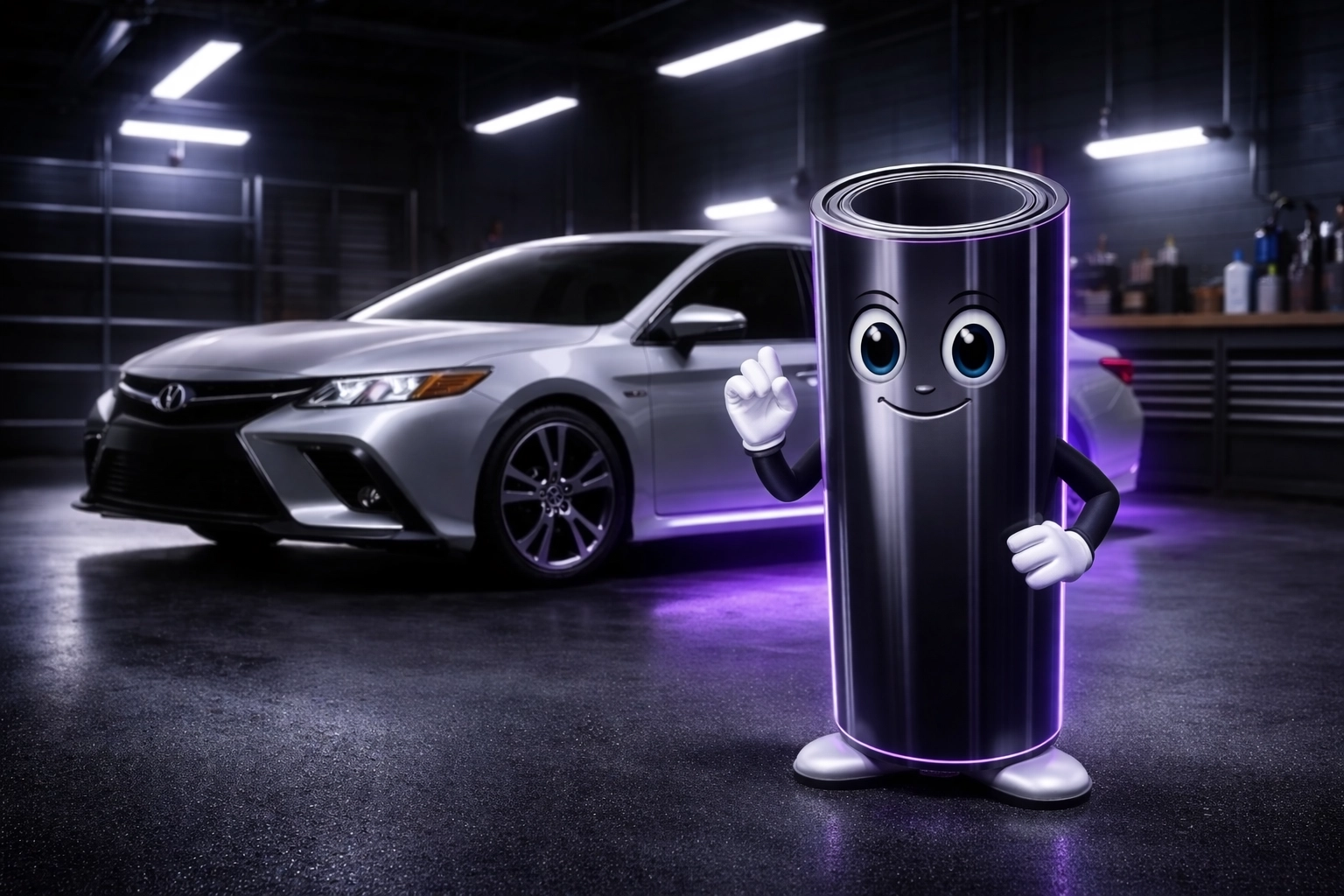 Toyota Camry in a professional tint shop with Sir Tint-a-Lot (our mascot roll of window film) standing nearby