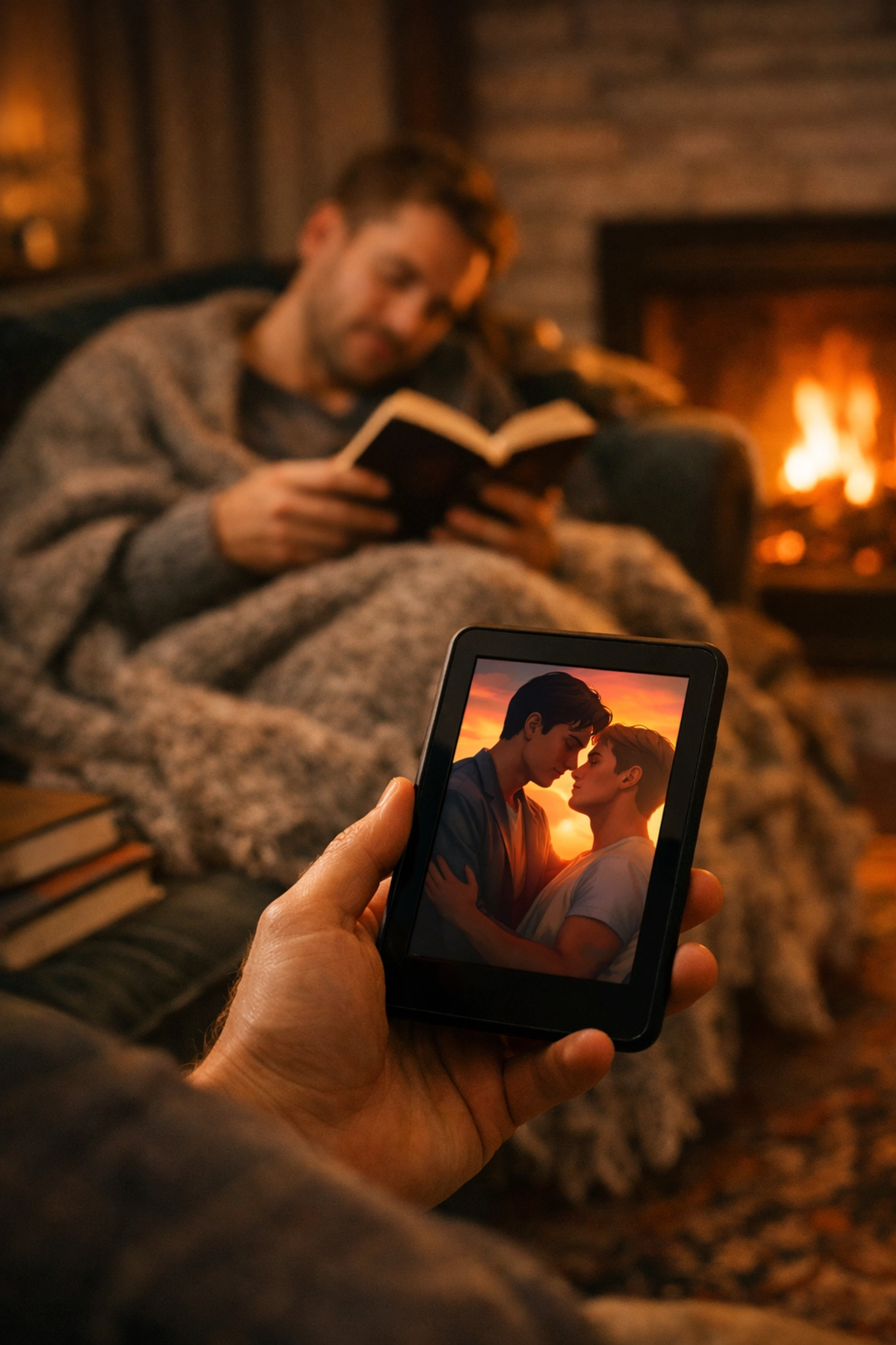A gay couple enjoys reading new MM romance books by a warm fireplace during a winter wellness night.